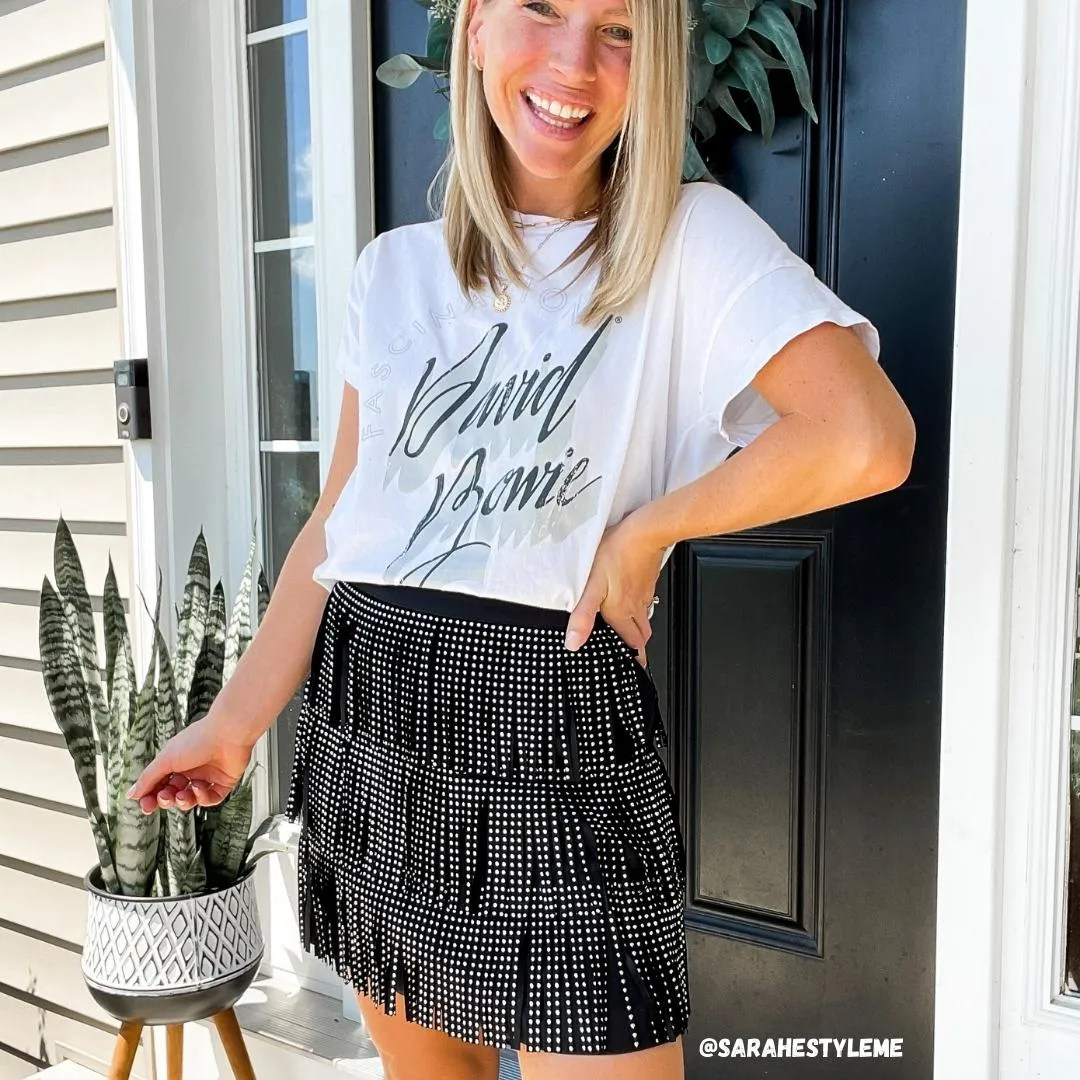 Main Strip Stud Fringe Black Mini Skirt LS40298