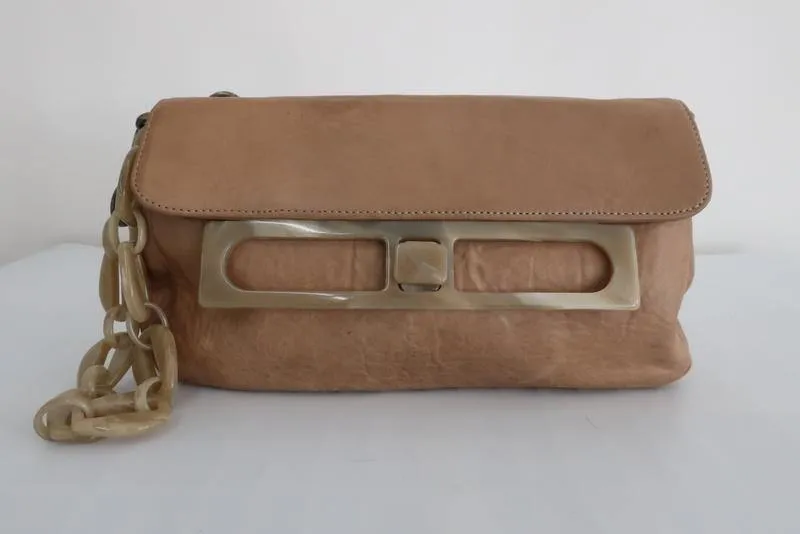 Marni Acrylic Chain Strap Shoulder Bag Taupe Leather Medium Wristlet Clutch
