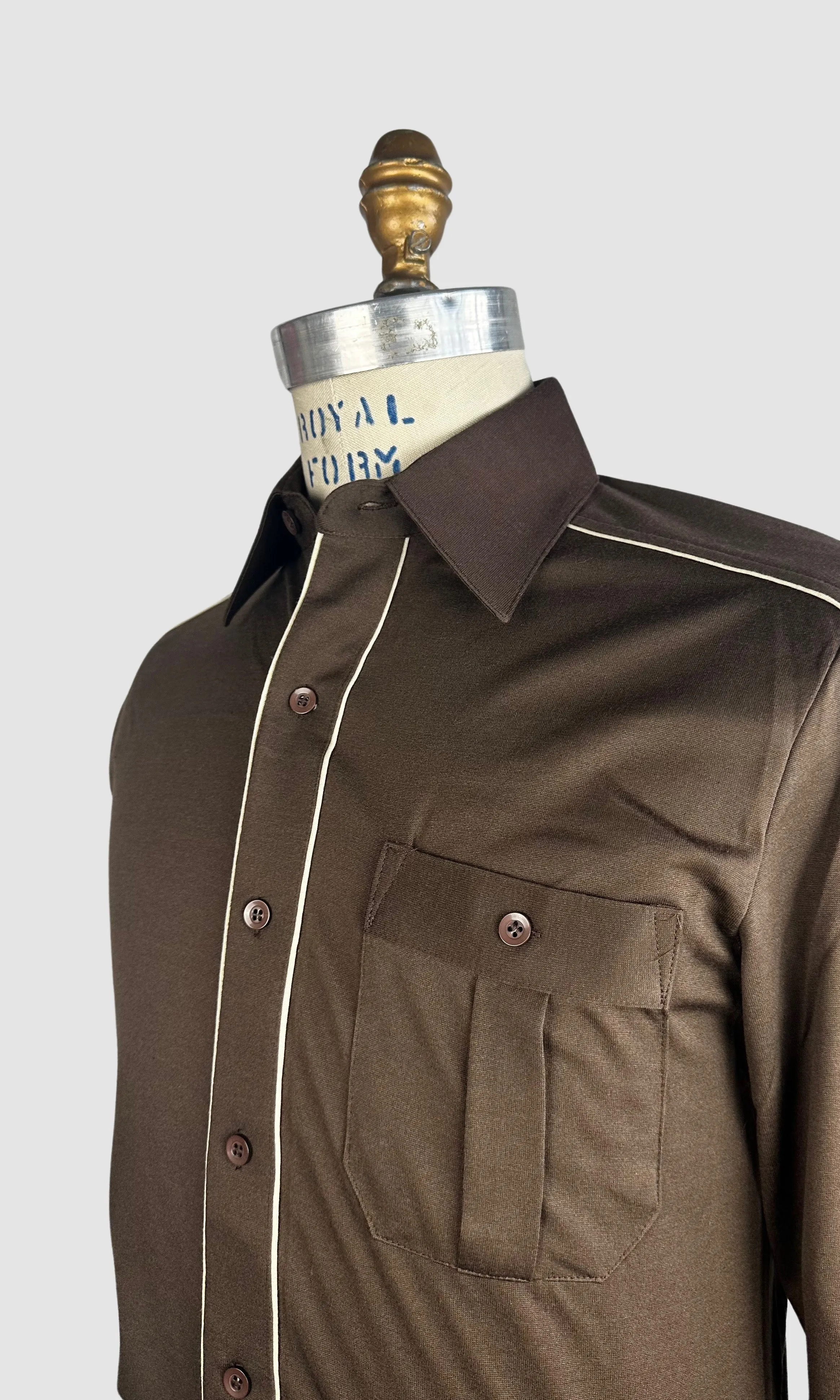 MARTINI 70s Deadstock Brown Polyester Disco Shirt • Small