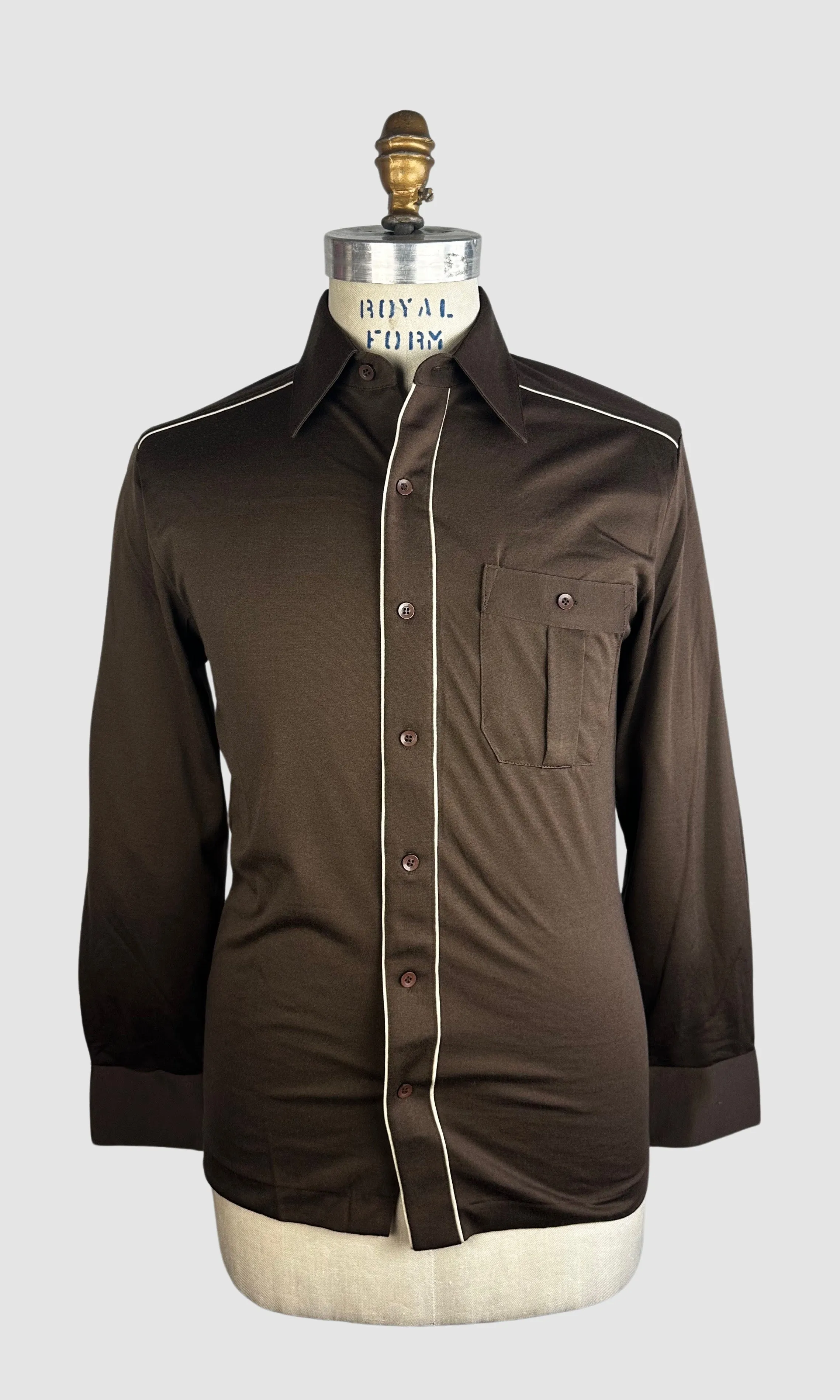 MARTINI 70s Deadstock Brown Polyester Disco Shirt • Small