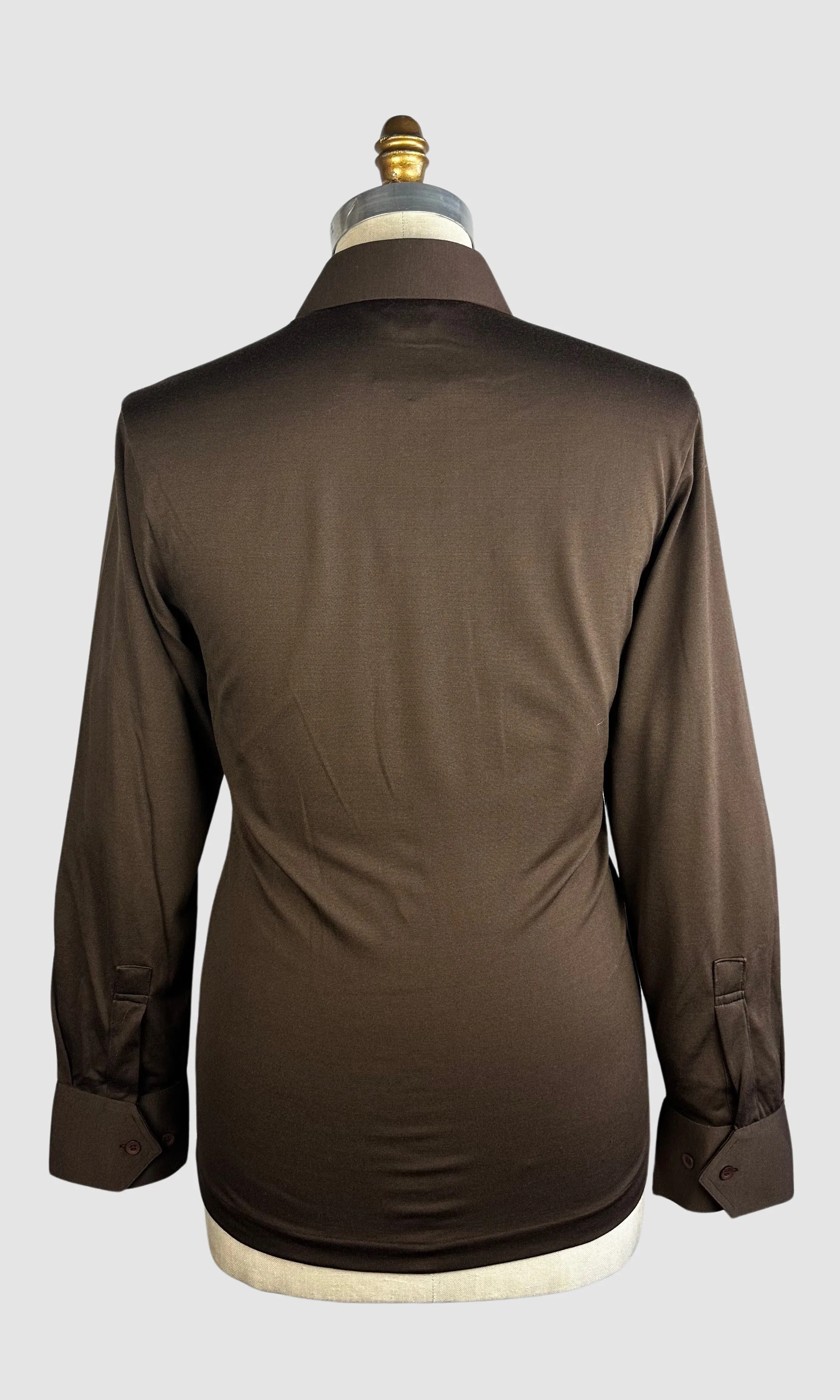 MARTINI 70s Deadstock Brown Polyester Disco Shirt • Small
