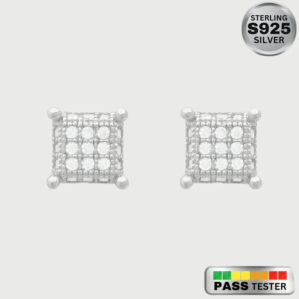 Moissanite Diamond Square Studded Sterling Silver Earrings in White/Yellow Gold