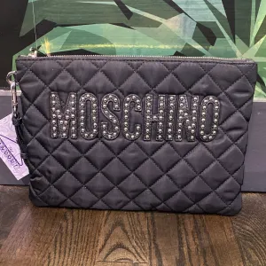Moschino Black Quilted Studded Logo Large Clutch