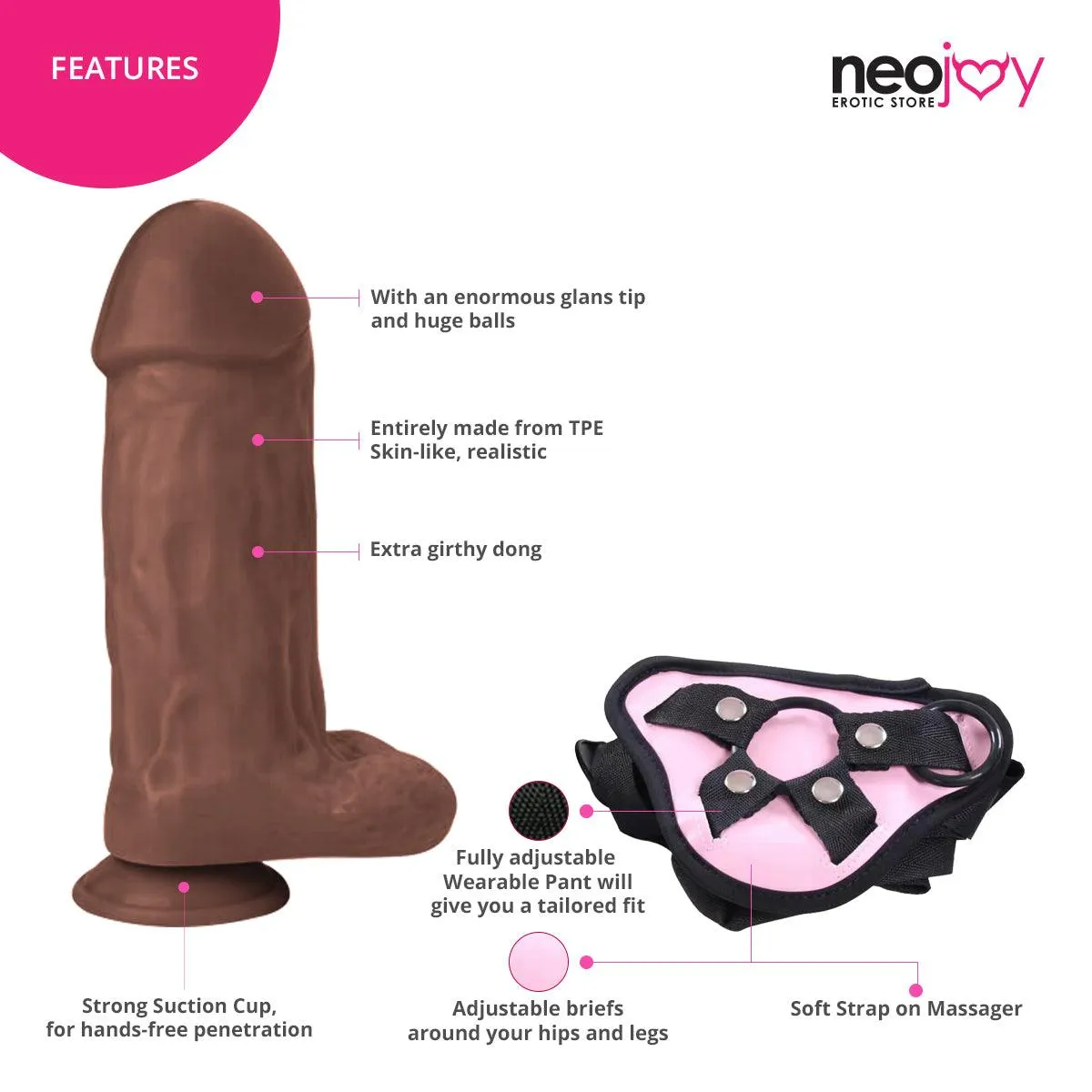 Neojoy Biggest Bad Boy Dildo With Strap-On - Dong Gay Sex Toy - Brown - 28cm - 11 inch