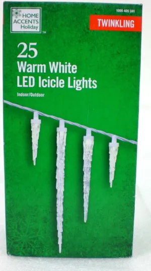 New Home Accents Holiday 25 Twinkling Warm White LED Icicle Lights