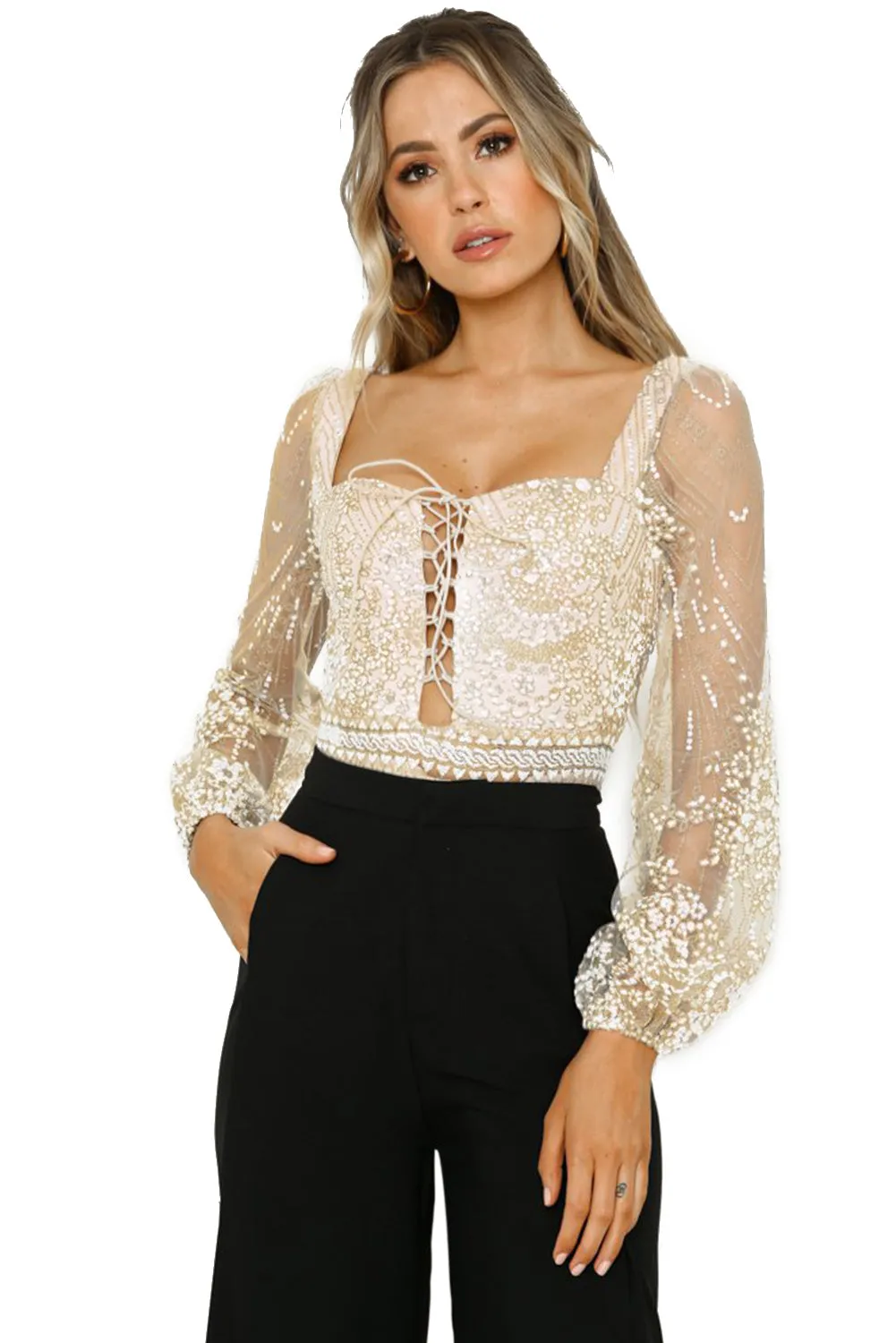 Nude Sheer Long Sleeve Princess Rhinestone Bodysuit