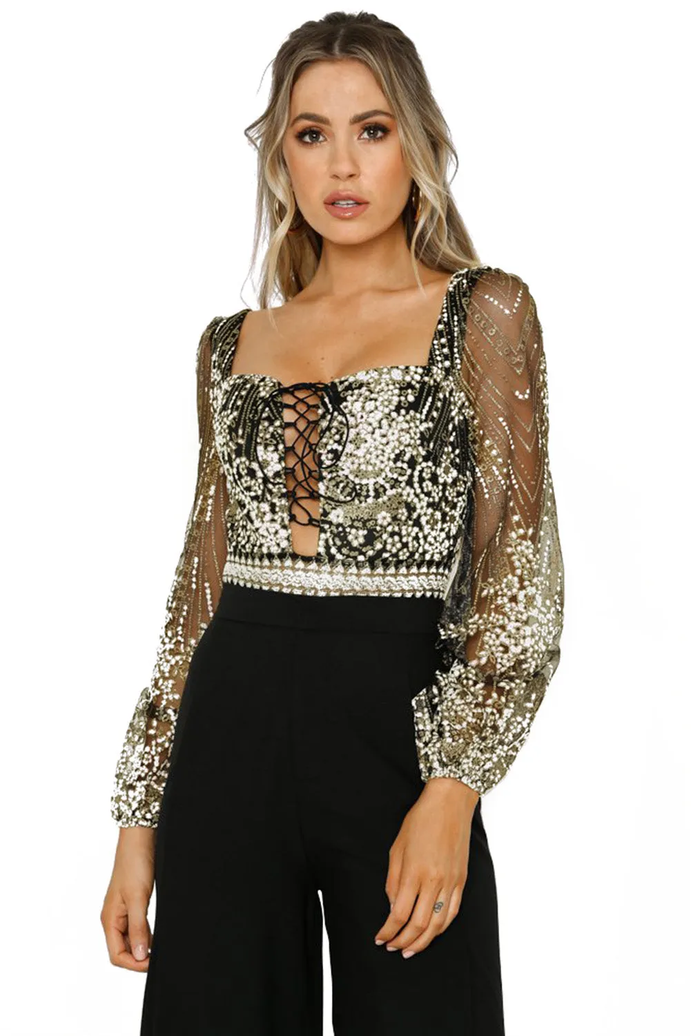 Nude Sheer Long Sleeve Princess Rhinestone Bodysuit