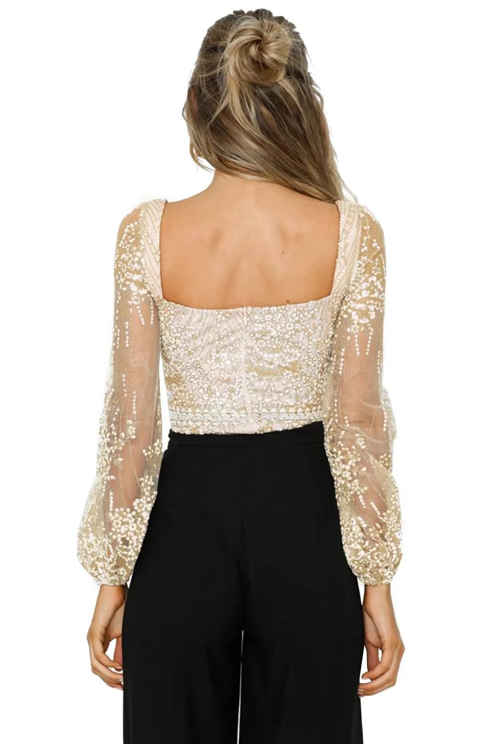 Nude Sheer Long Sleeve Princess Rhinestone Bodysuit