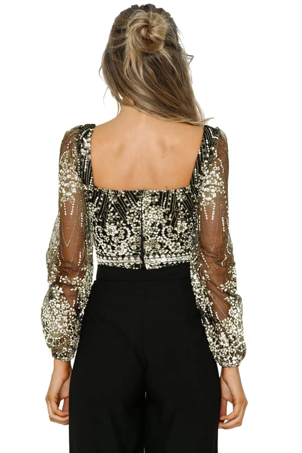 Nude Sheer Long Sleeve Princess Rhinestone Bodysuit