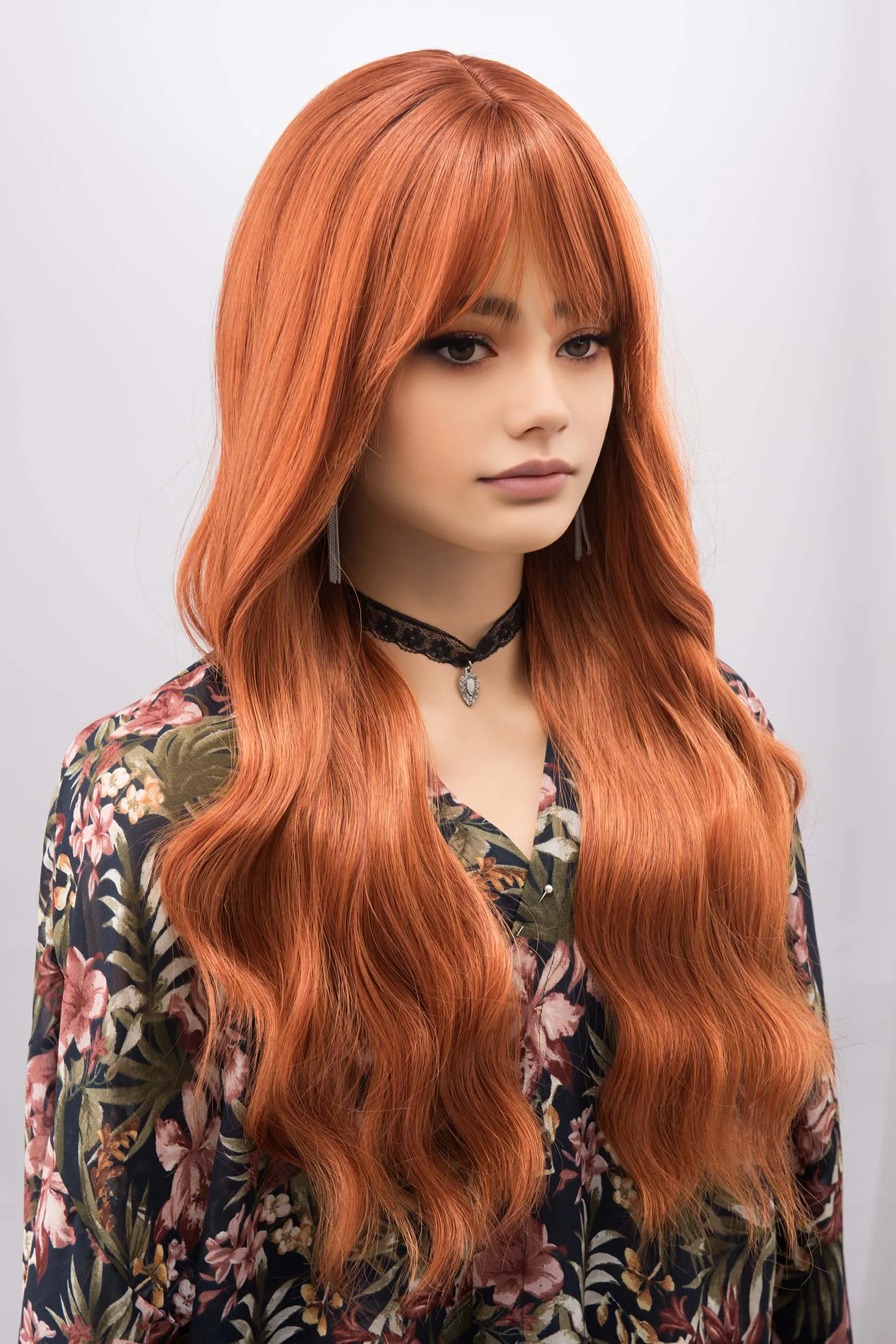 Orange Ginger Wavy Synthetic Wig with Bangs Aine