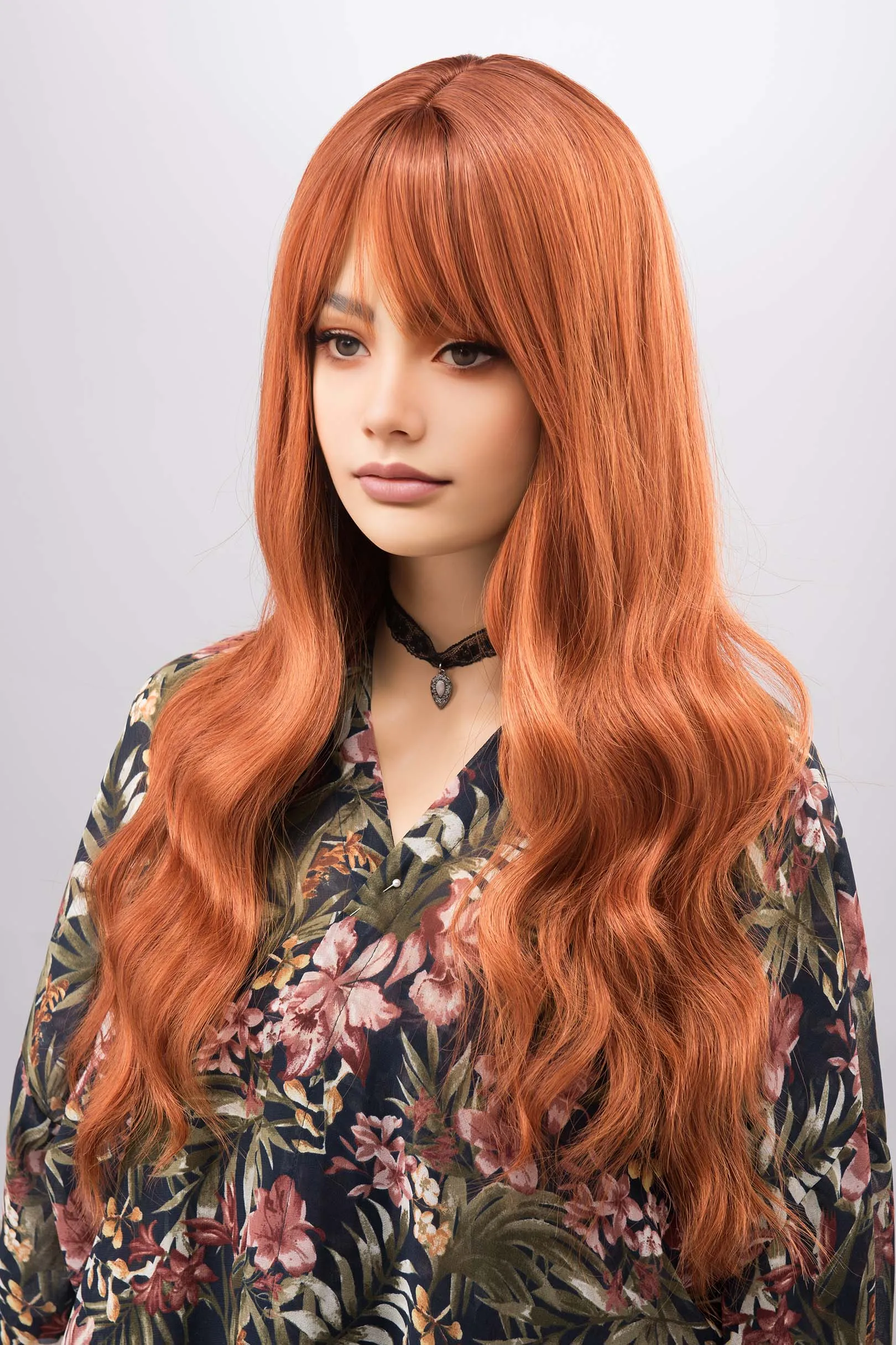 Orange Ginger Wavy Synthetic Wig with Bangs Aine