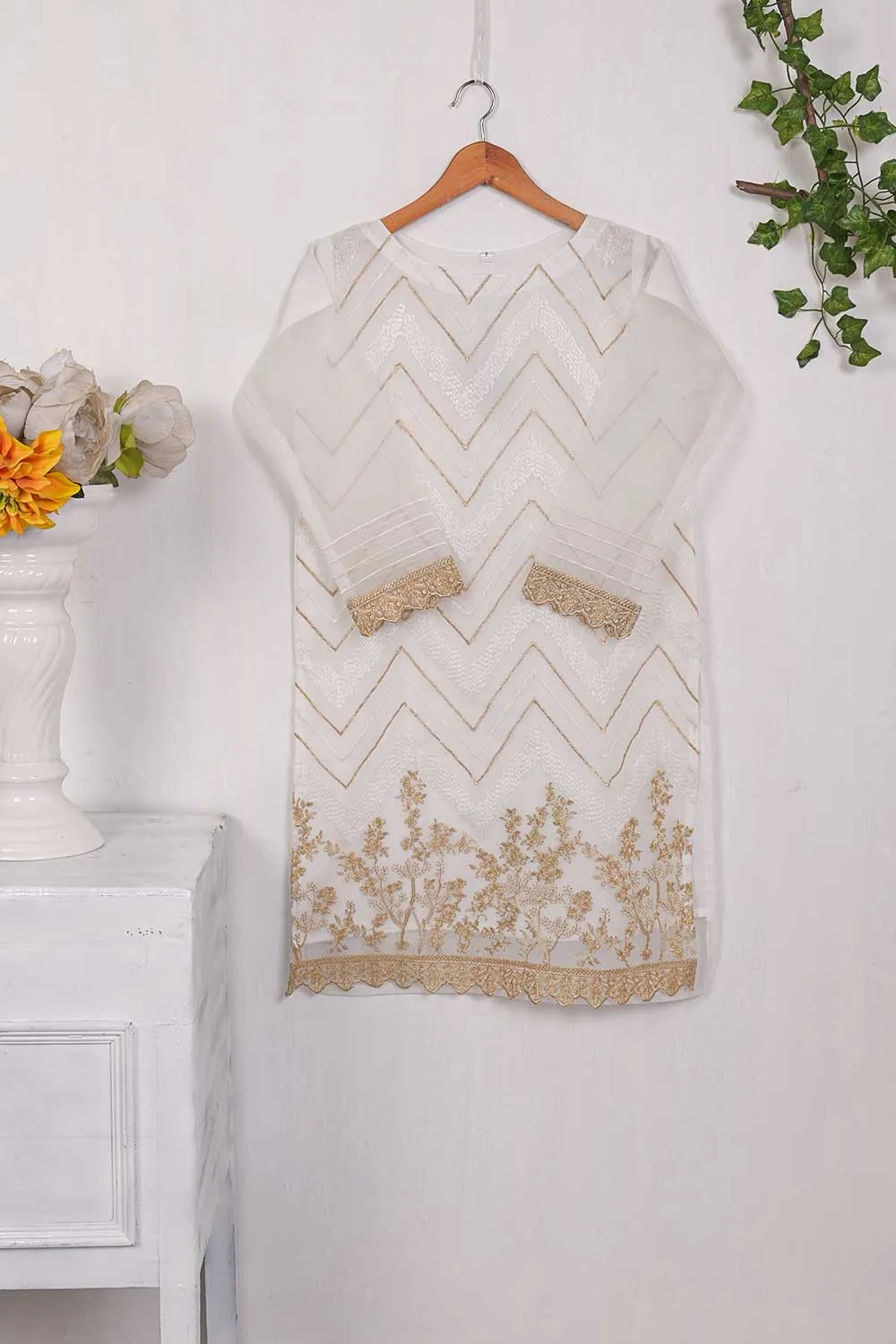 Organza Embroidered Stitched Kurti - Semolina (TS-039A-White)