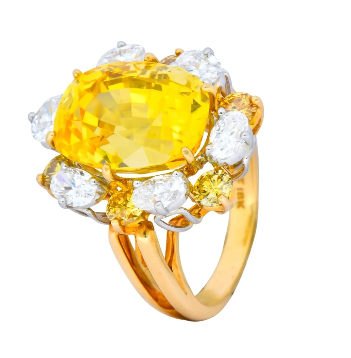 Oscar Heyman 14.86 CTW No Heat Yellow Sapphire Fancy Colored Diamond Platinum 18 Karat Gold Ring GIA
