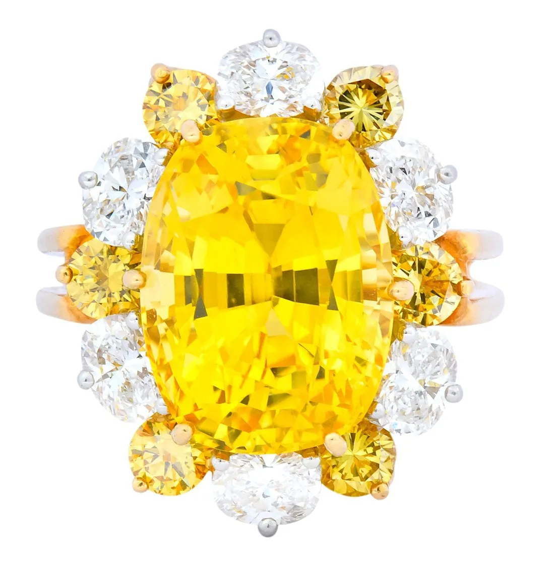 Oscar Heyman 14.86 CTW No Heat Yellow Sapphire Fancy Colored Diamond Platinum 18 Karat Gold Ring GIA