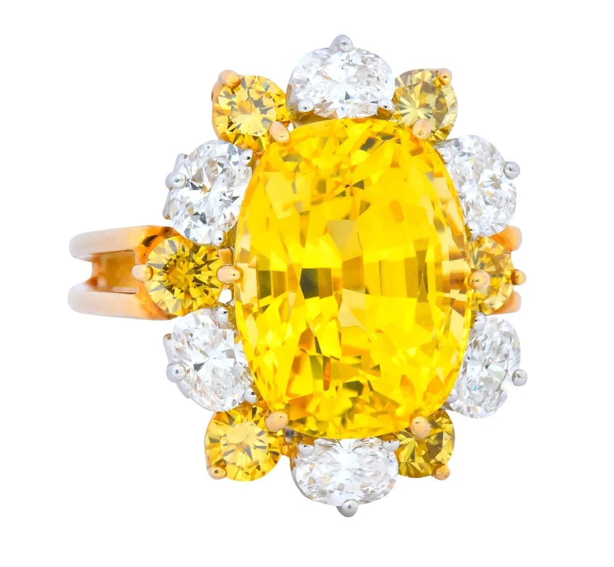 Oscar Heyman 14.86 CTW No Heat Yellow Sapphire Fancy Colored Diamond Platinum 18 Karat Gold Ring GIA