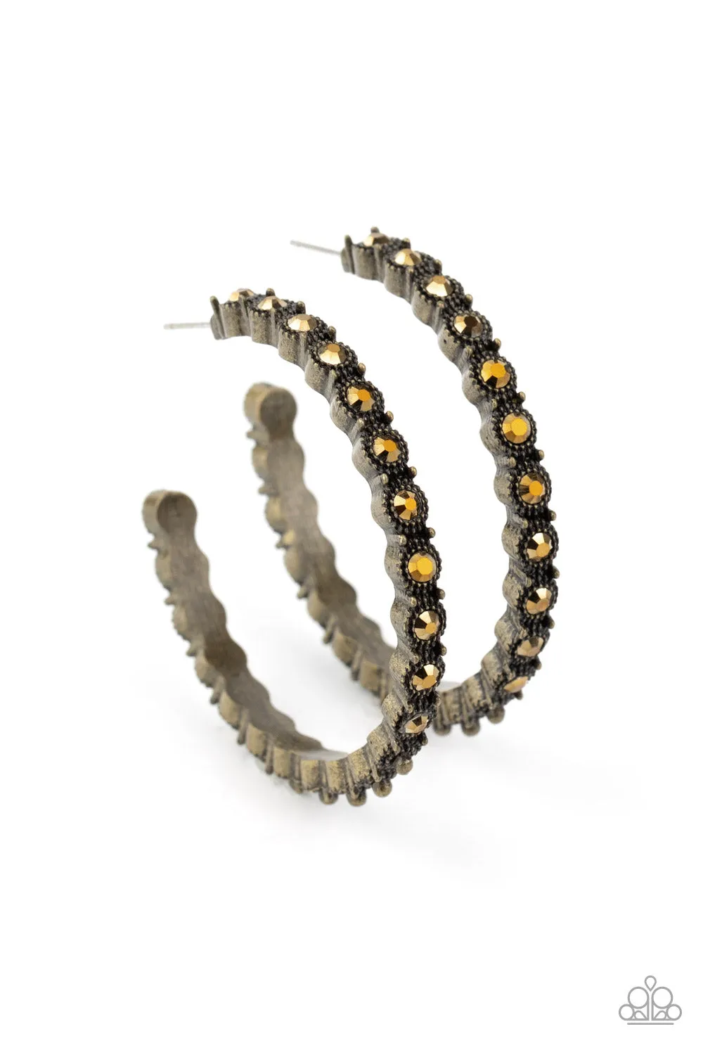 Paparazzi Rhinestone Studded Sass - Brass Hoop Earrings