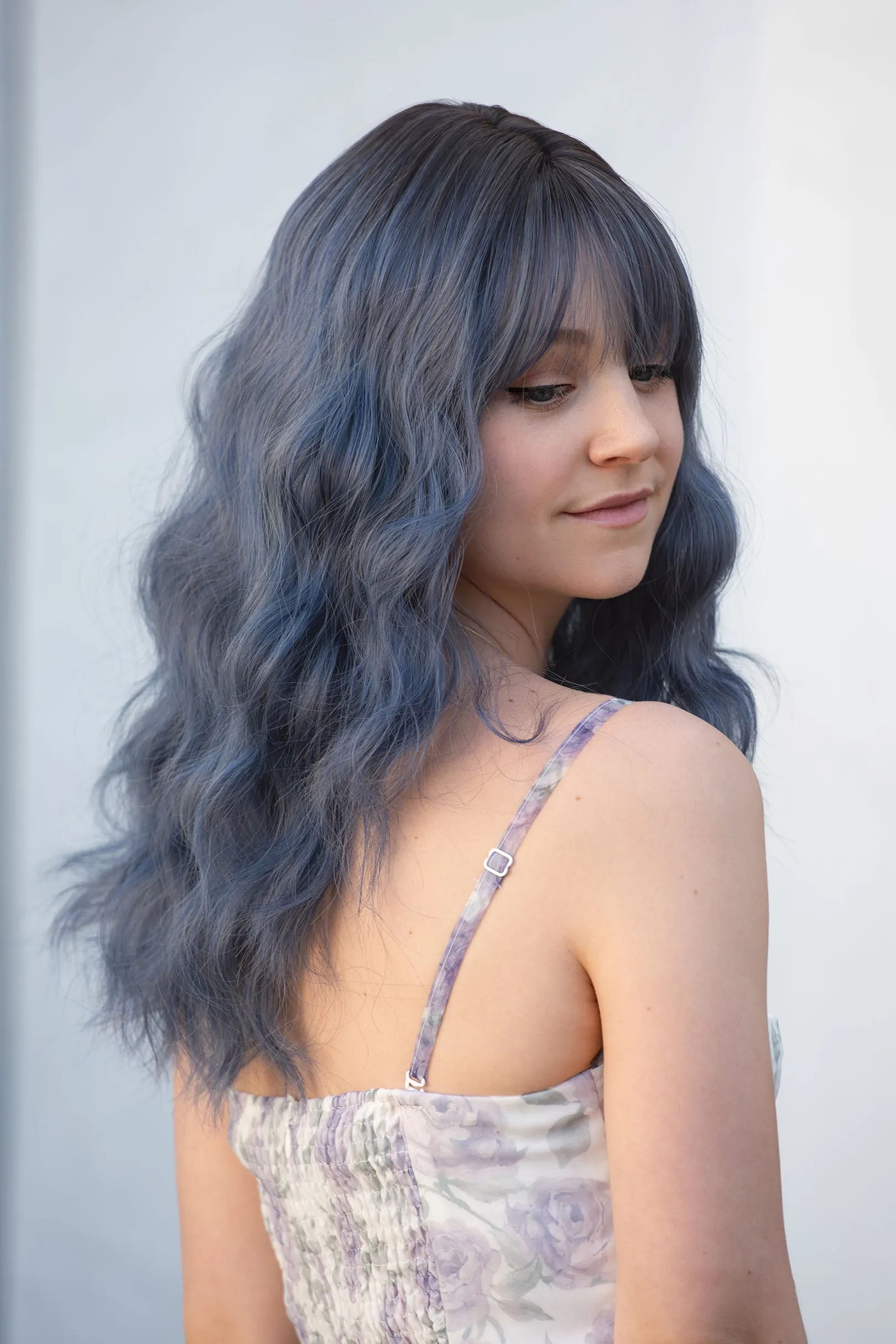 Pastel Blue Ombre Wavy Synthetic Wig with Bangs Odeta