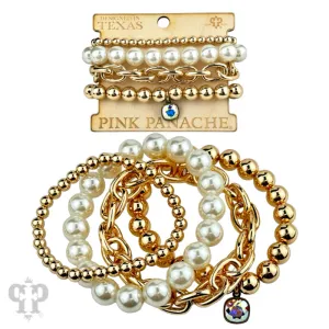 Pearl Bead and Shiny Metal Bracelet Stack, Austrian Crystal