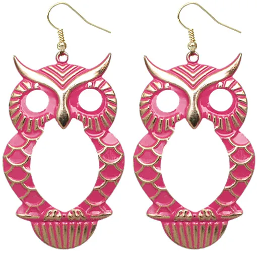 Pink Cutout Dangle Hoot Owl Earrings