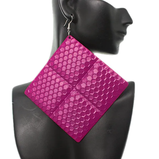 Pink Oversized Hammered Honeycomb Pyramid Earrings