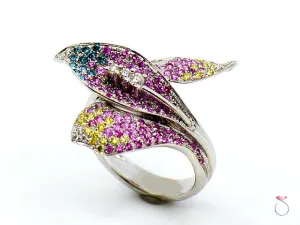 Pink Sapphire & Multi Color Diamond Designer Floral 18K Ring