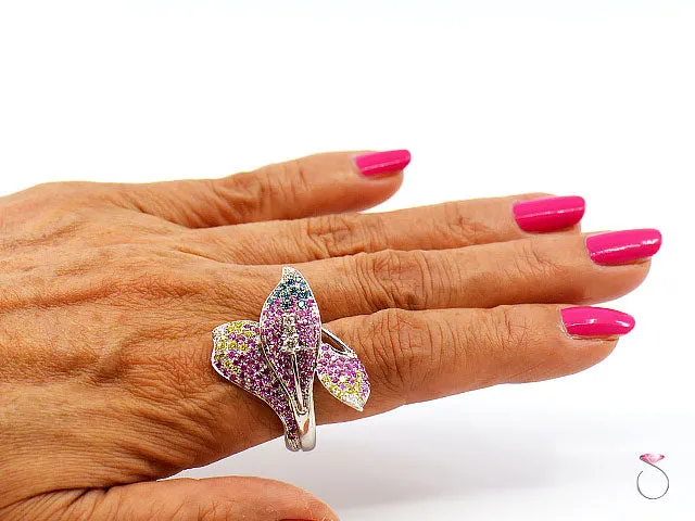Pink Sapphire & Multi Color Diamond Designer Floral 18K Ring