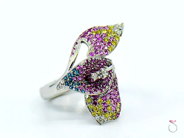 Pink Sapphire & Multi Color Diamond Designer Floral 18K Ring