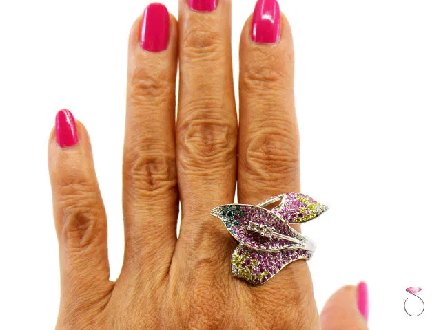Pink Sapphire & Multi Color Diamond Designer Floral 18K Ring