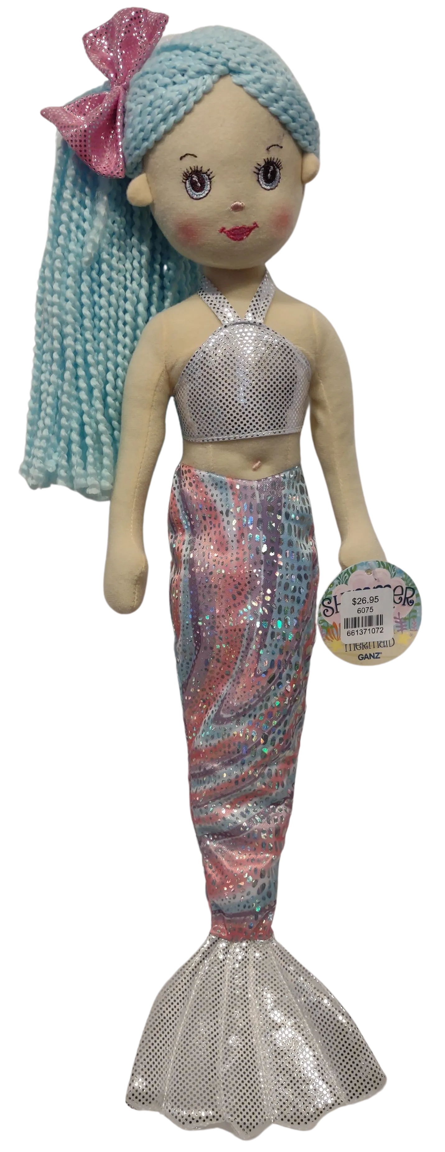 Plush Mermaid Doll with Blue Hair/ Pink Bow 17"