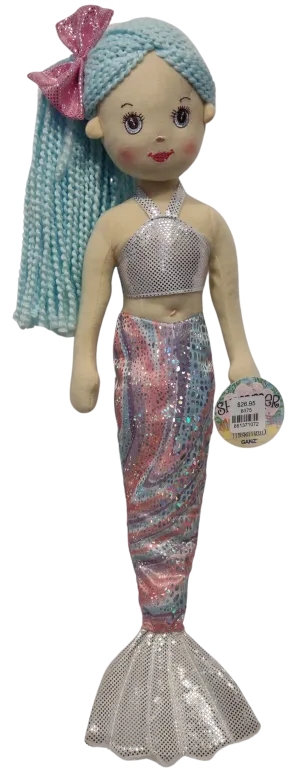 Plush Mermaid Doll with Blue Hair/ Pink Bow 17"