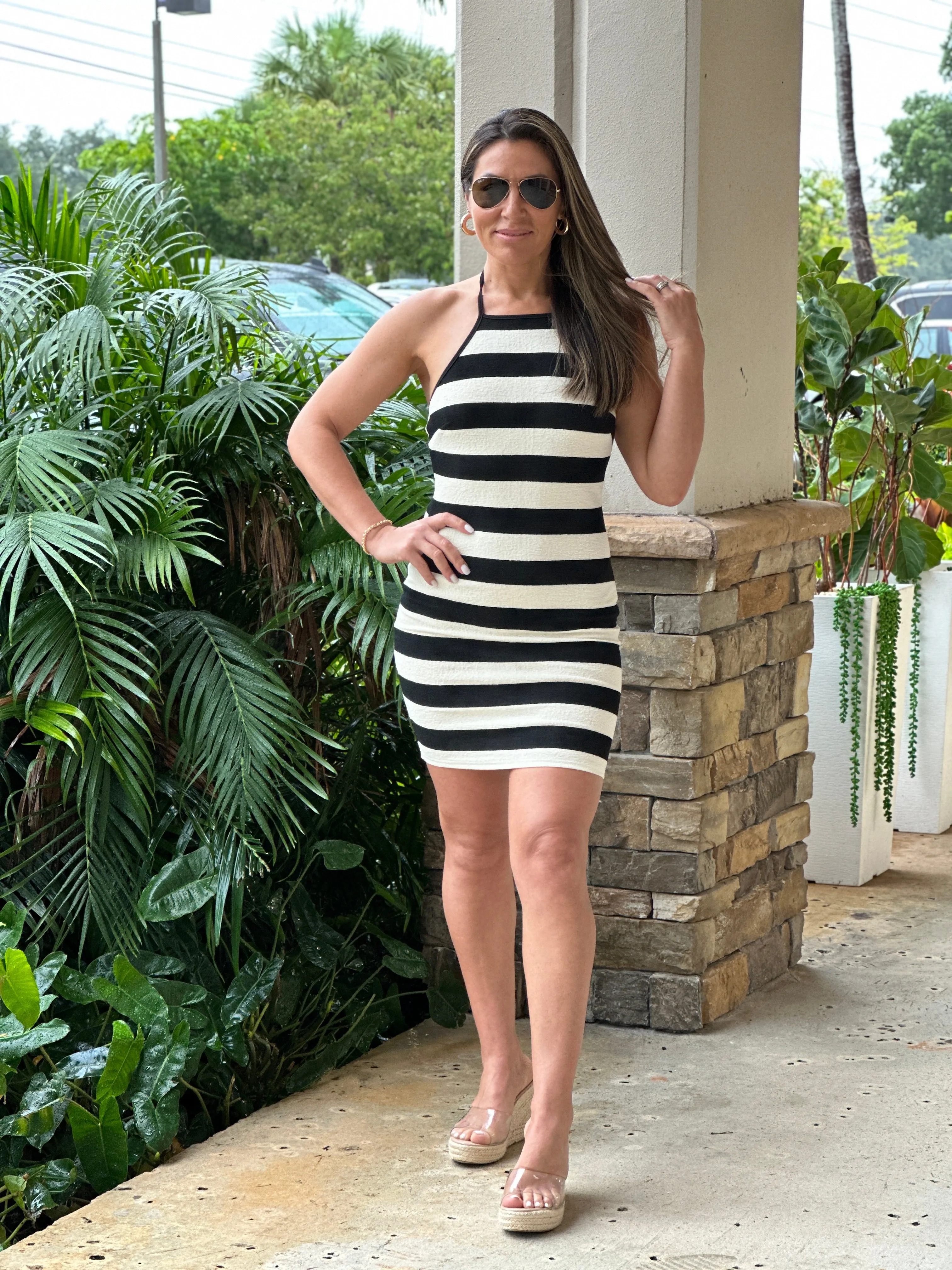 "Belle" Halter Striped Knit Mini Dress