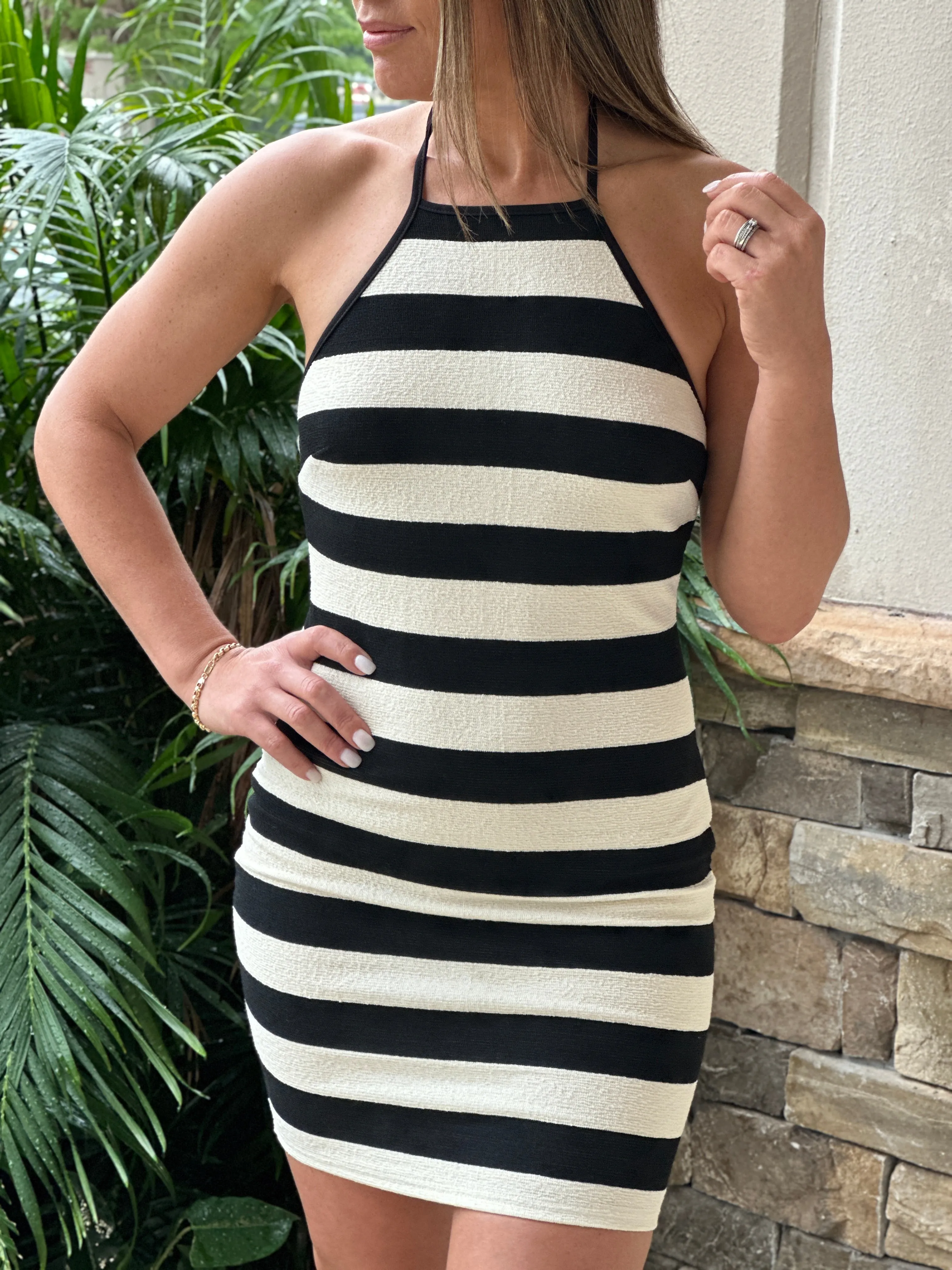 "Belle" Halter Striped Knit Mini Dress