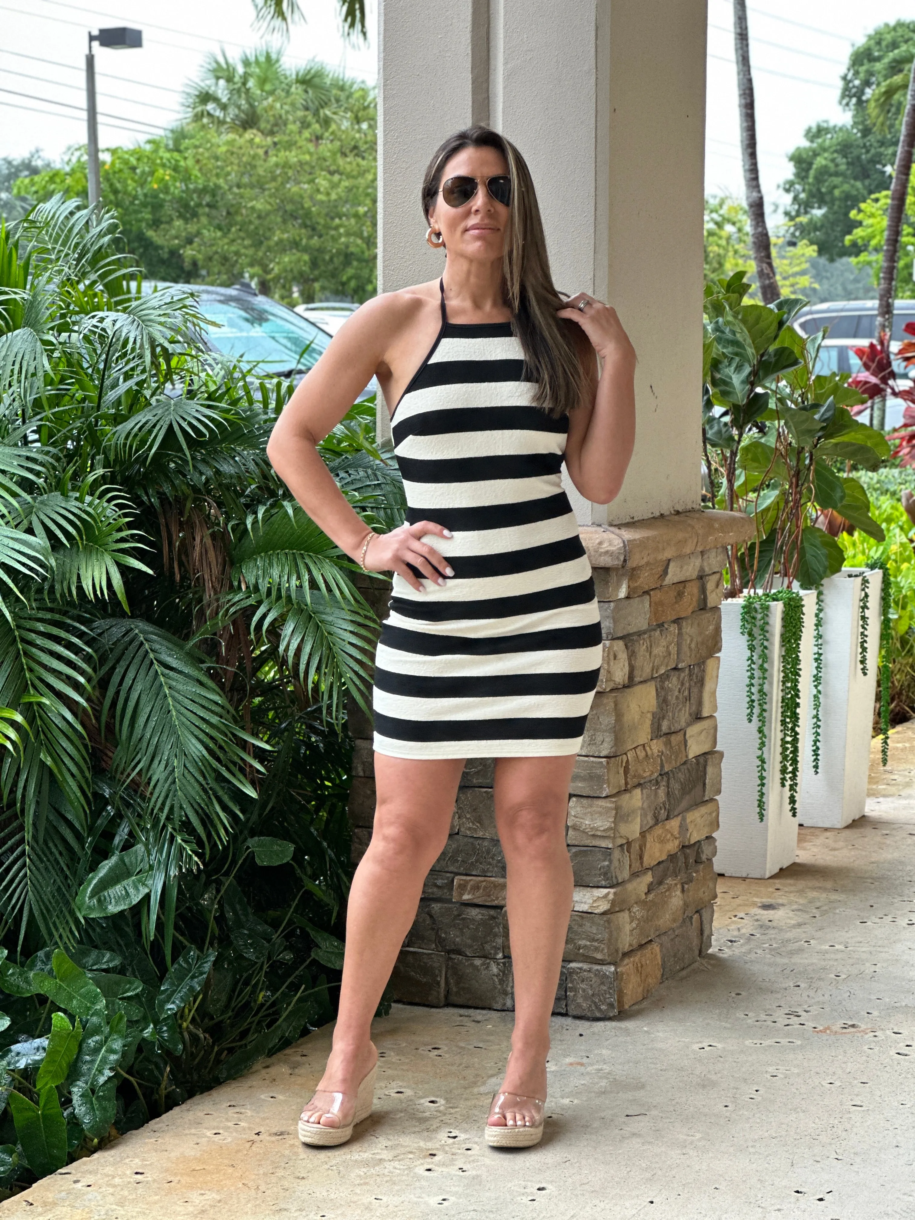 "Belle" Halter Striped Knit Mini Dress