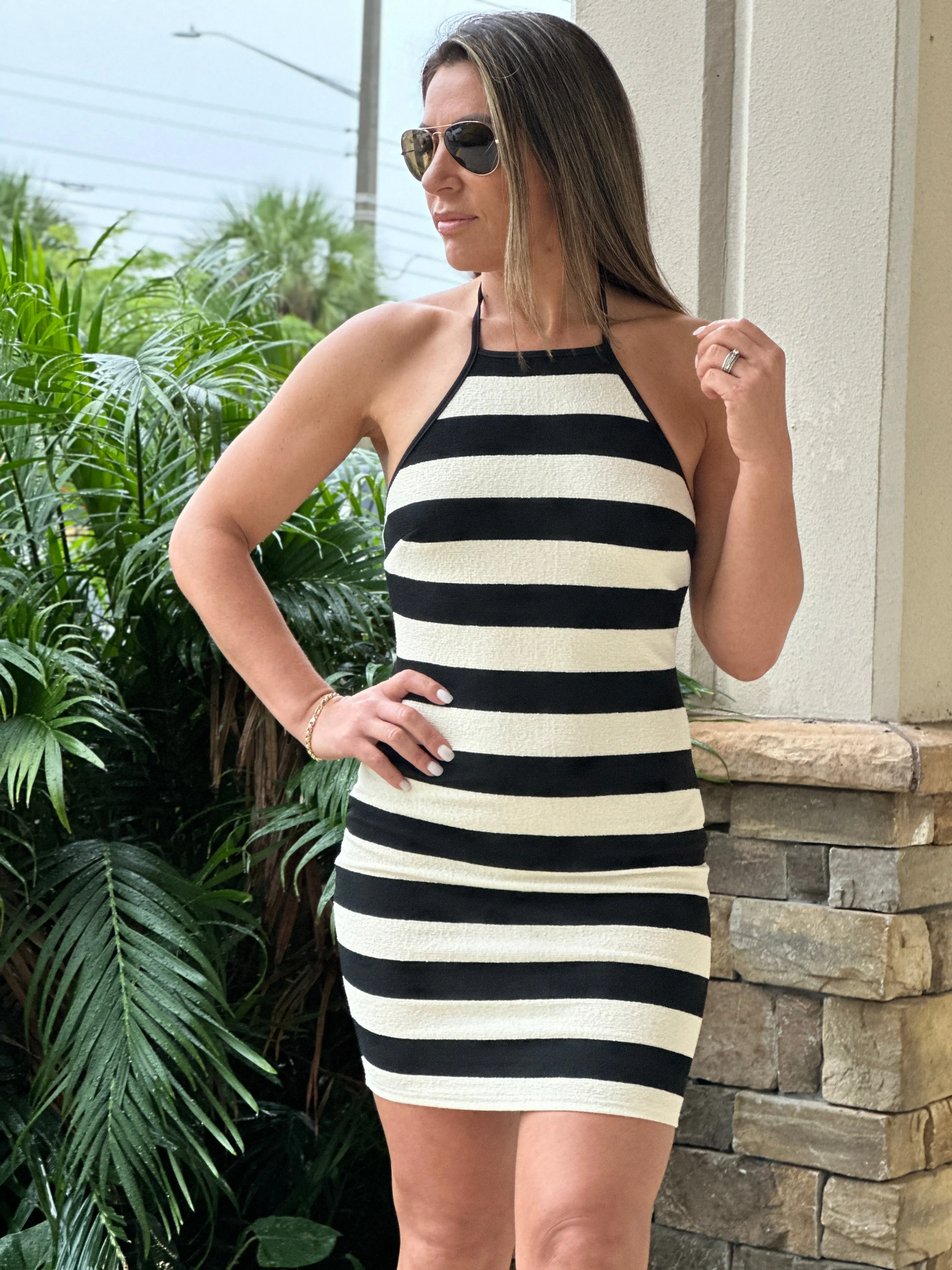 "Belle" Halter Striped Knit Mini Dress