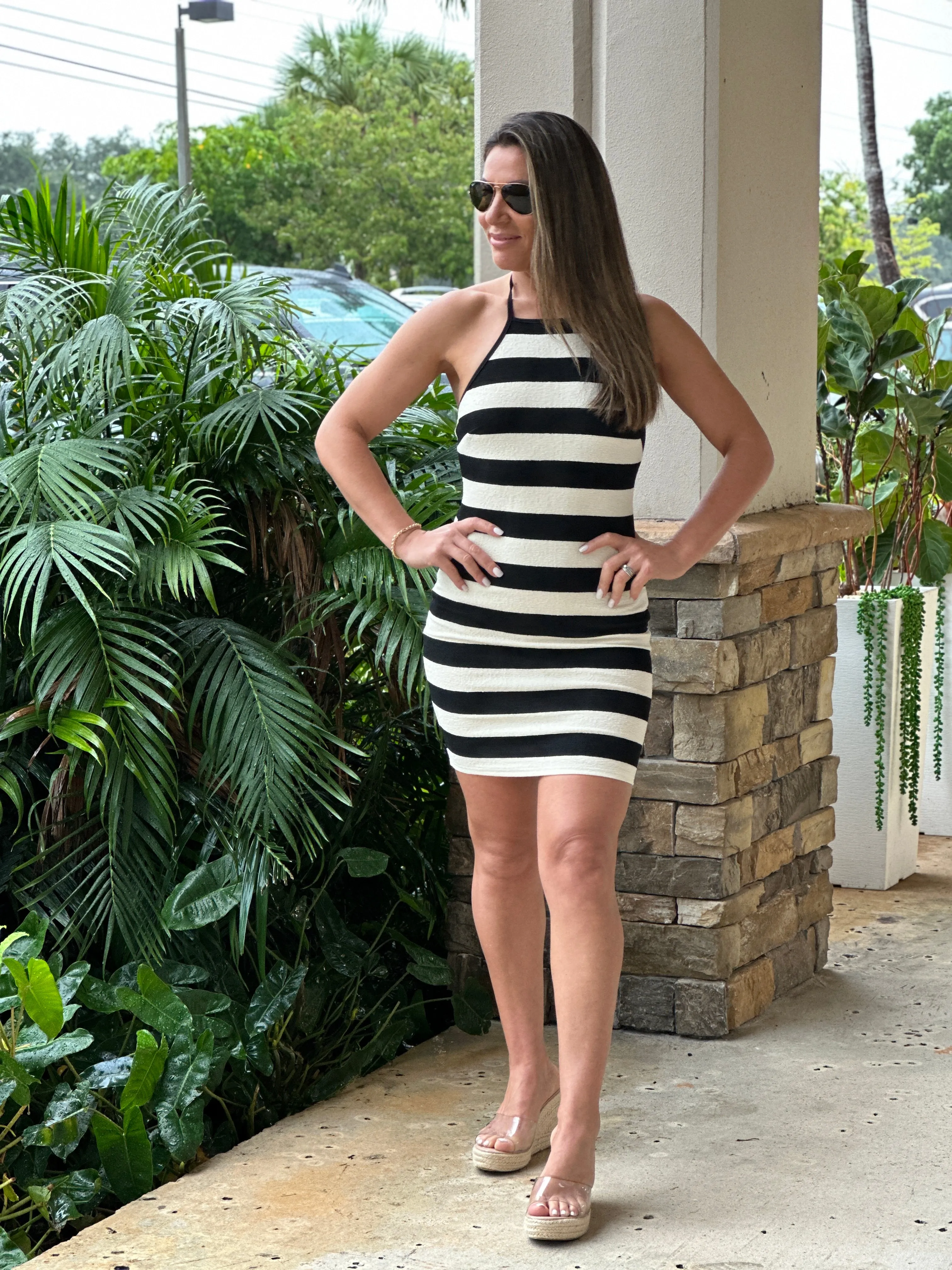 "Belle" Halter Striped Knit Mini Dress