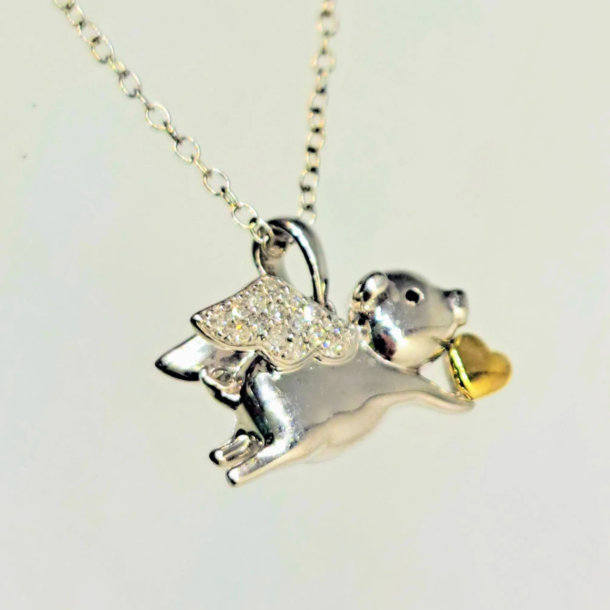 "Flying Piggie LOVE!" Pendant Necklace - Diamonds, Sapphire, Anti-tarnish Sterling, 18k Gold