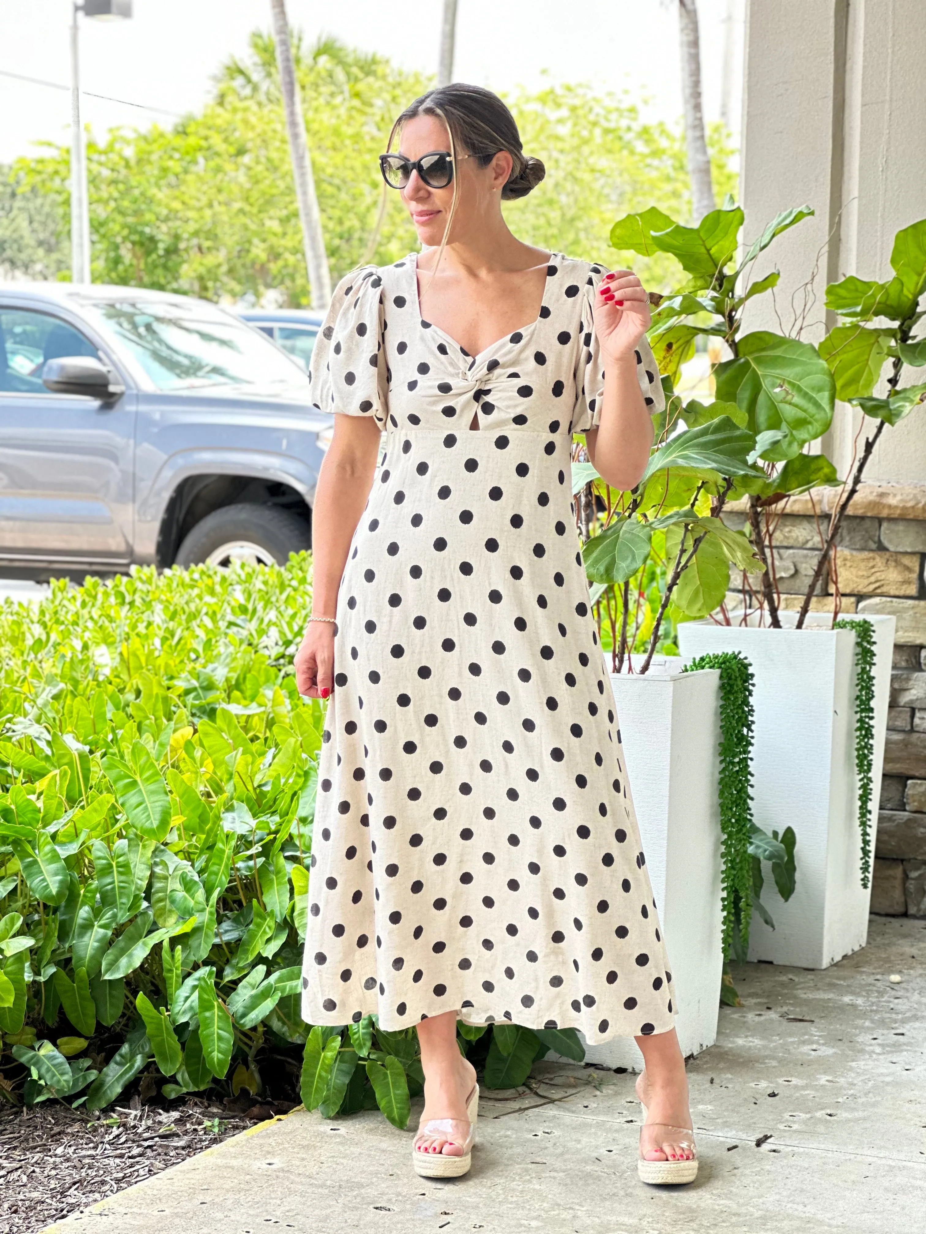 "Francis"Dot Print Midi Dress With Puffy Sleeve