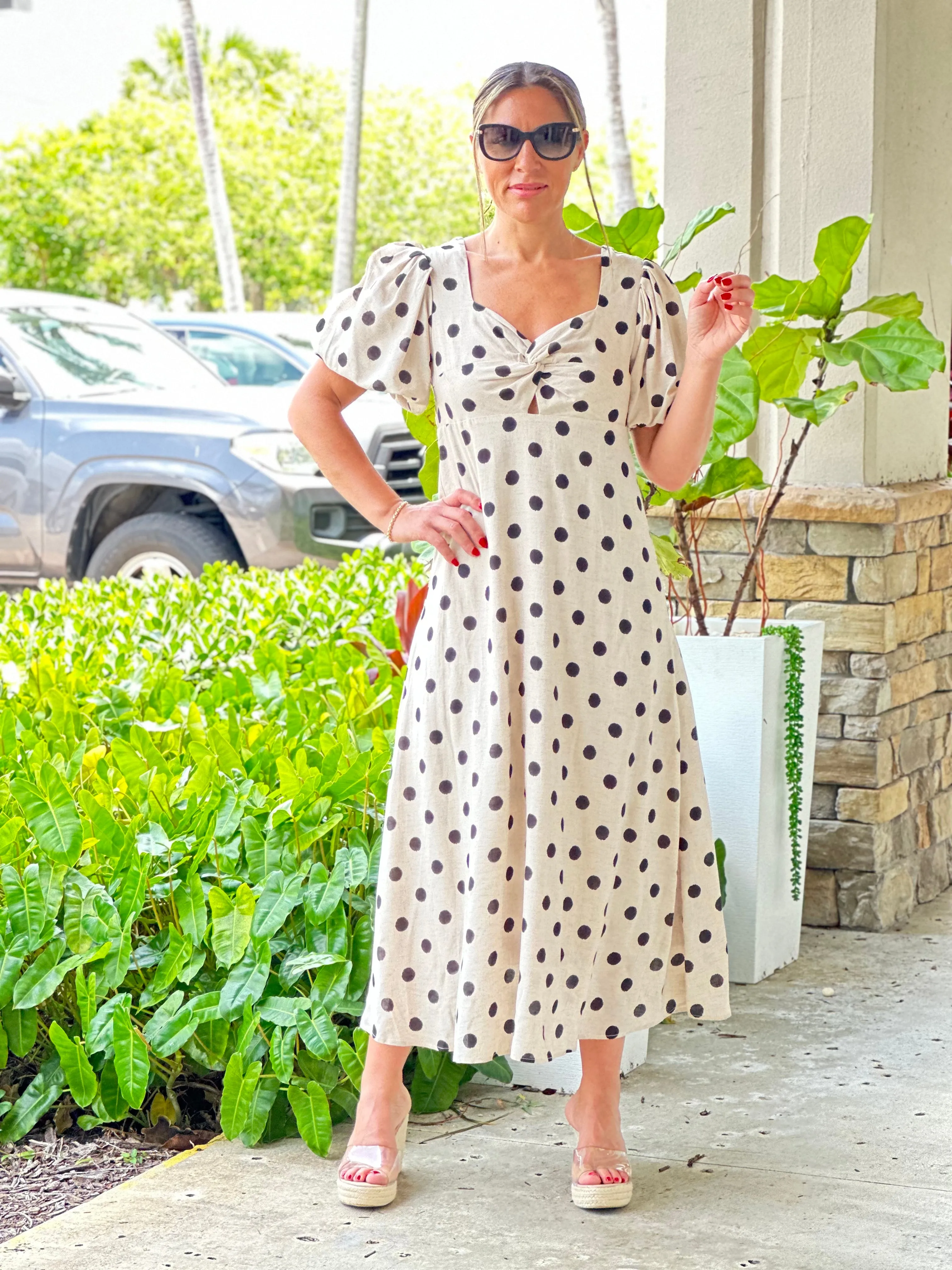 "Francis"Dot Print Midi Dress With Puffy Sleeve