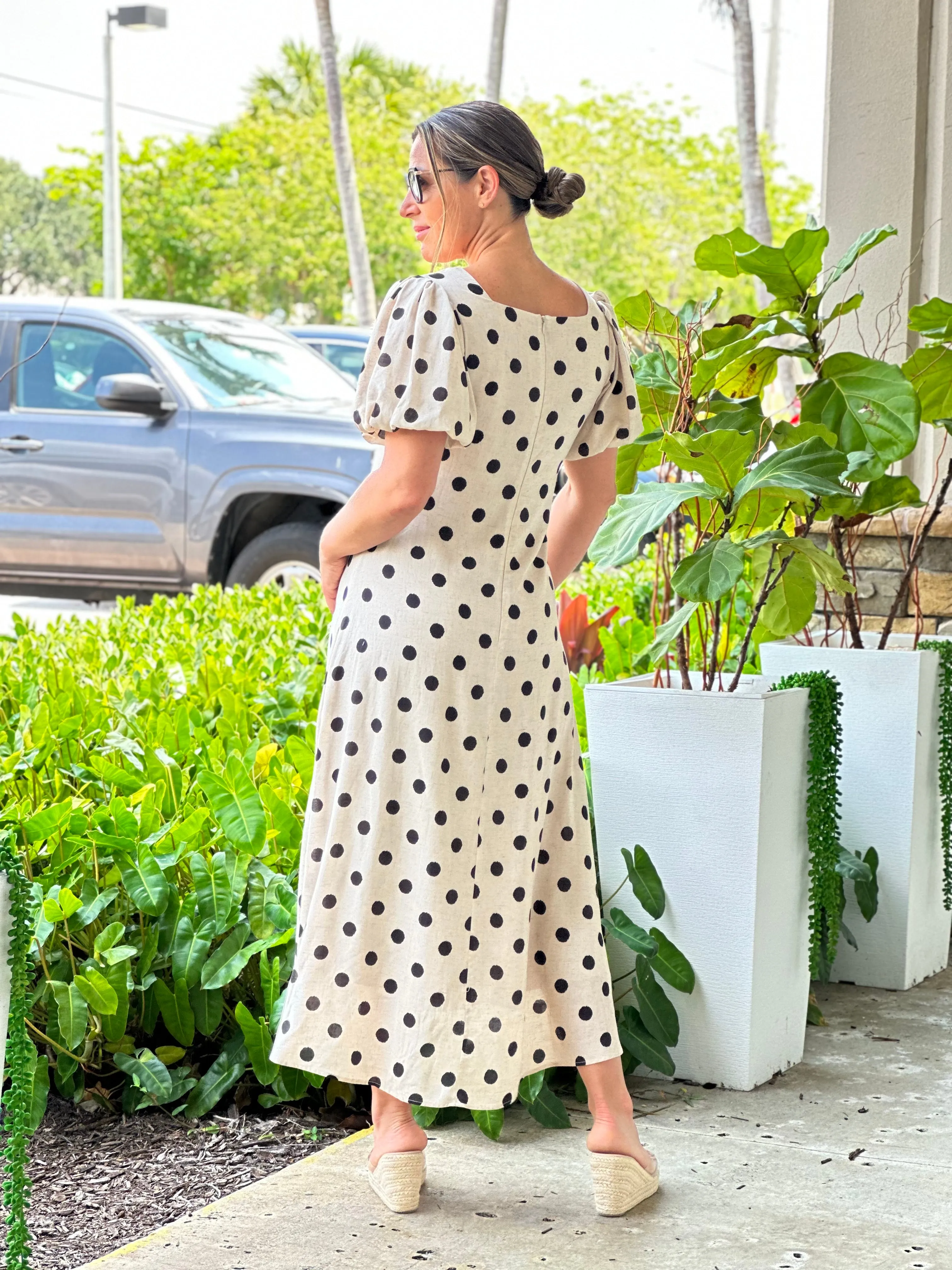 "Francis"Dot Print Midi Dress With Puffy Sleeve