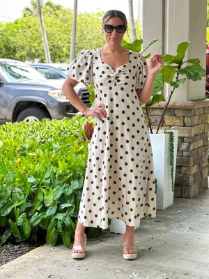 "Francis"Dot Print Midi Dress With Puffy Sleeve
