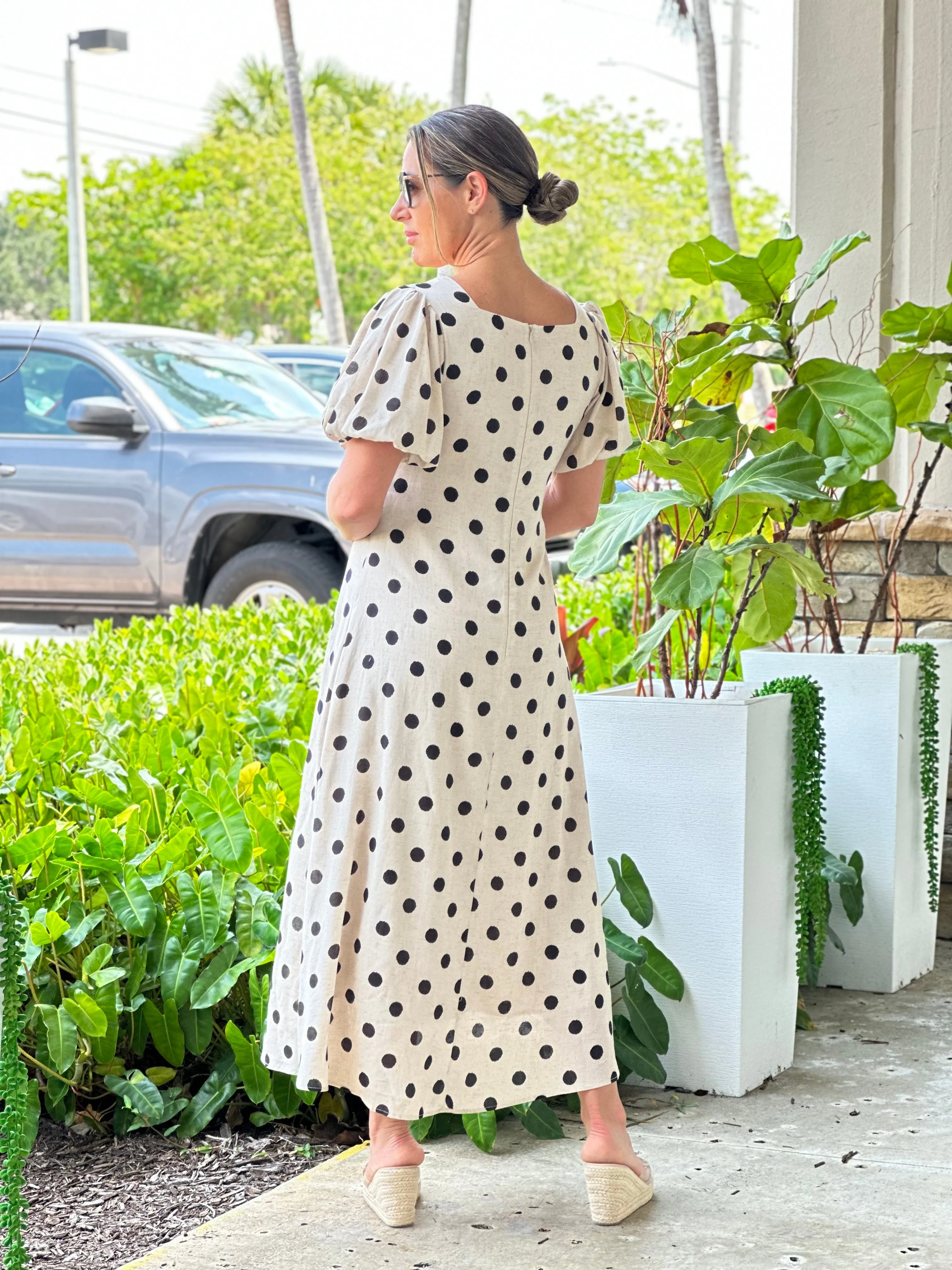 "Francis"Dot Print Midi Dress With Puffy Sleeve