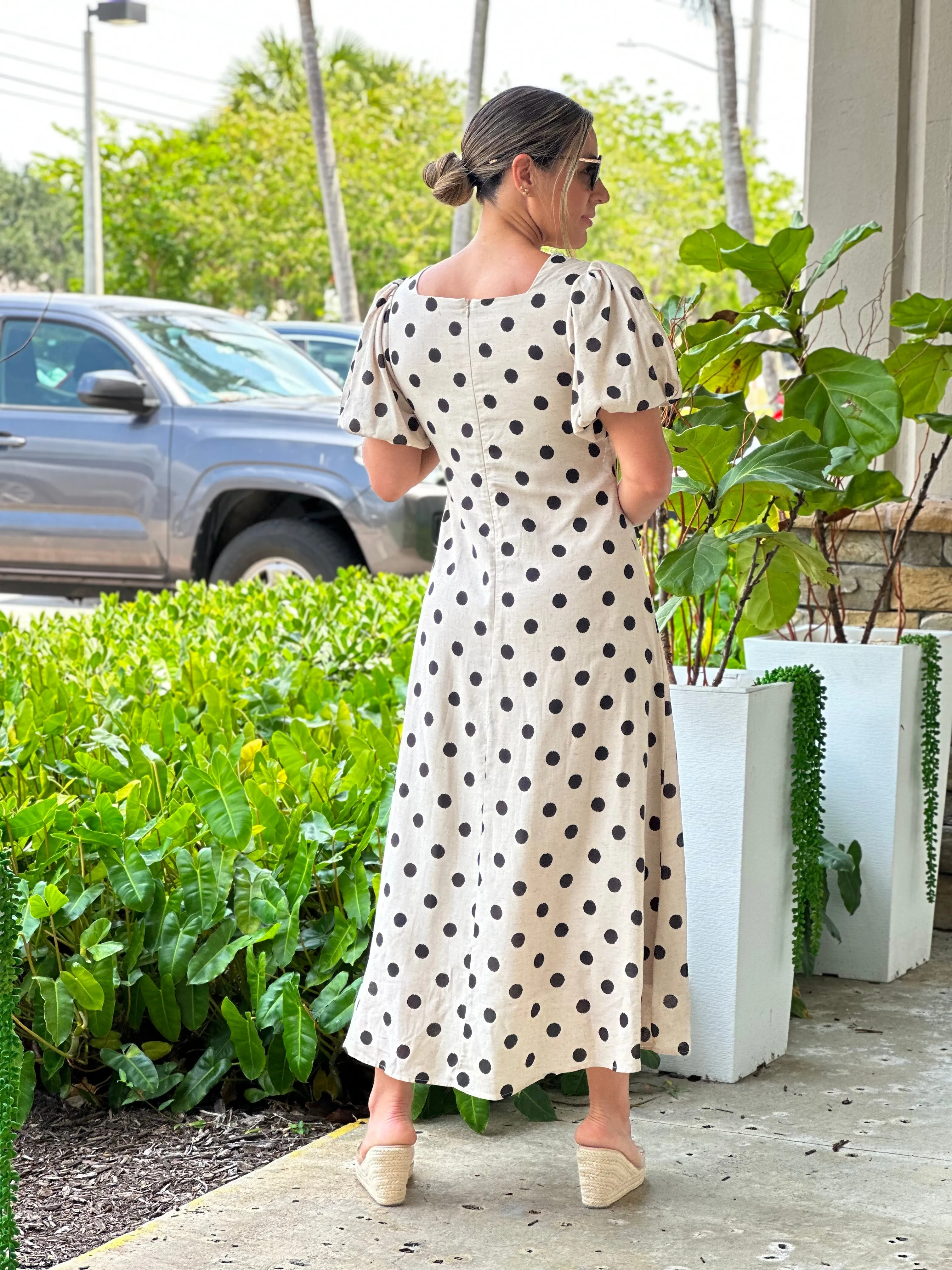 "Francis"Dot Print Midi Dress With Puffy Sleeve