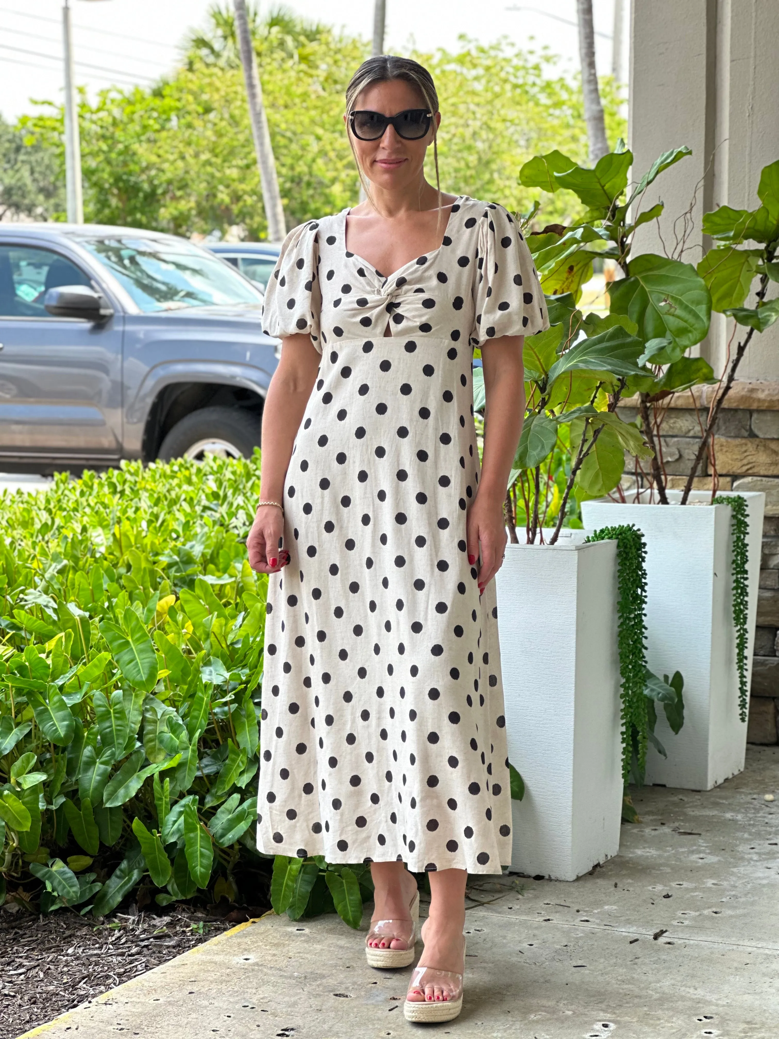"Francis"Dot Print Midi Dress With Puffy Sleeve