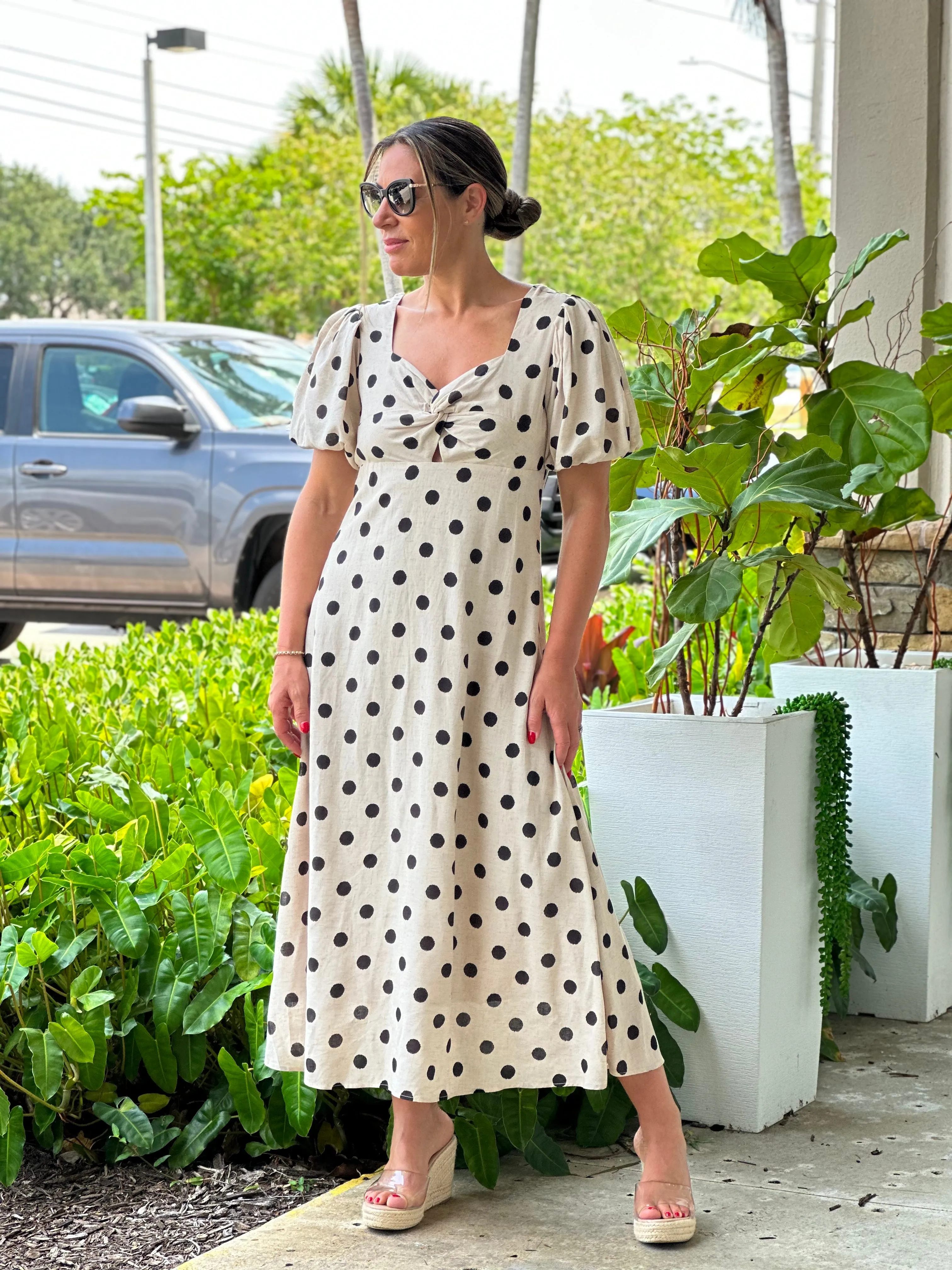 "Francis"Dot Print Midi Dress With Puffy Sleeve