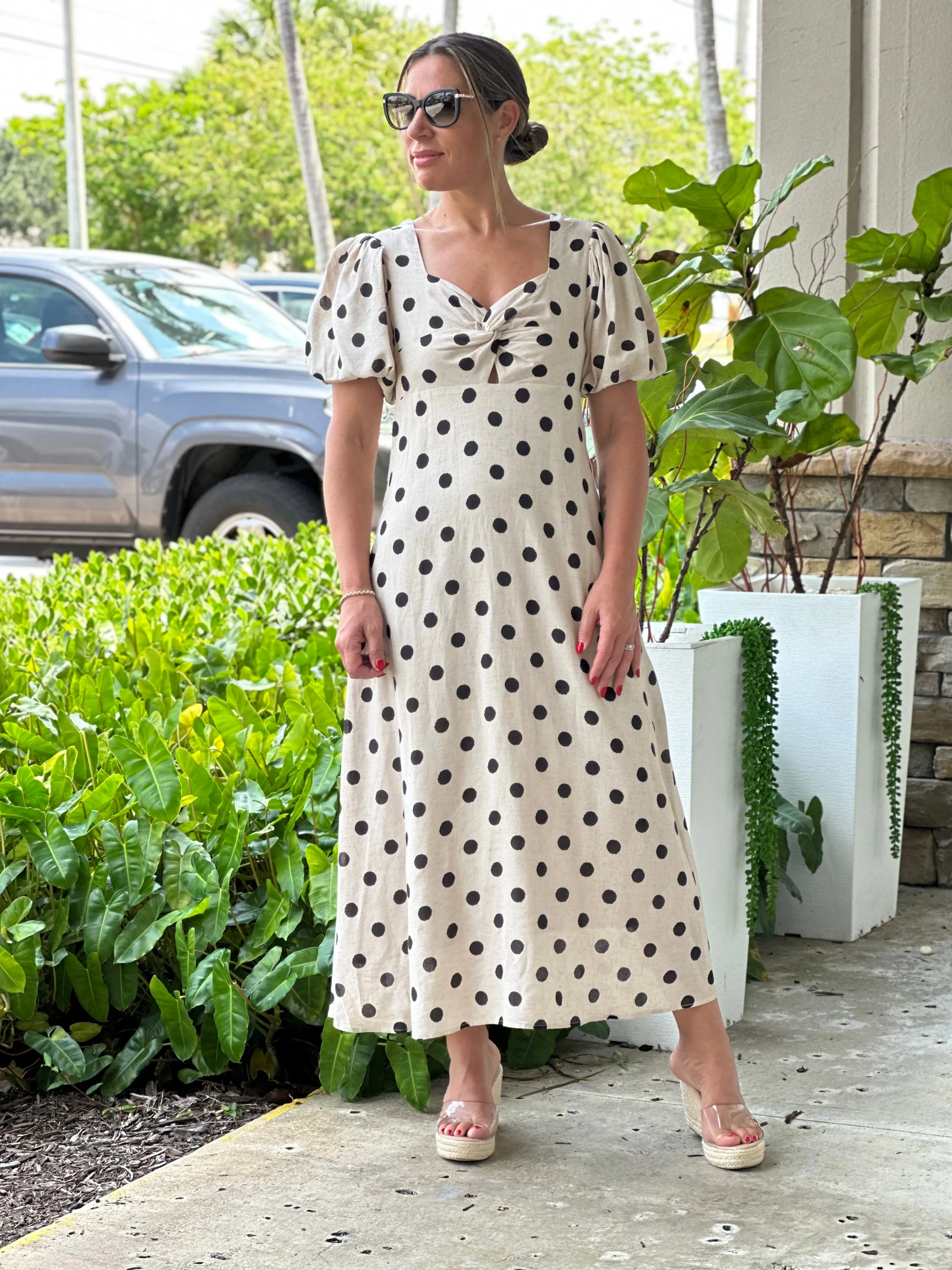 "Francis"Dot Print Midi Dress With Puffy Sleeve