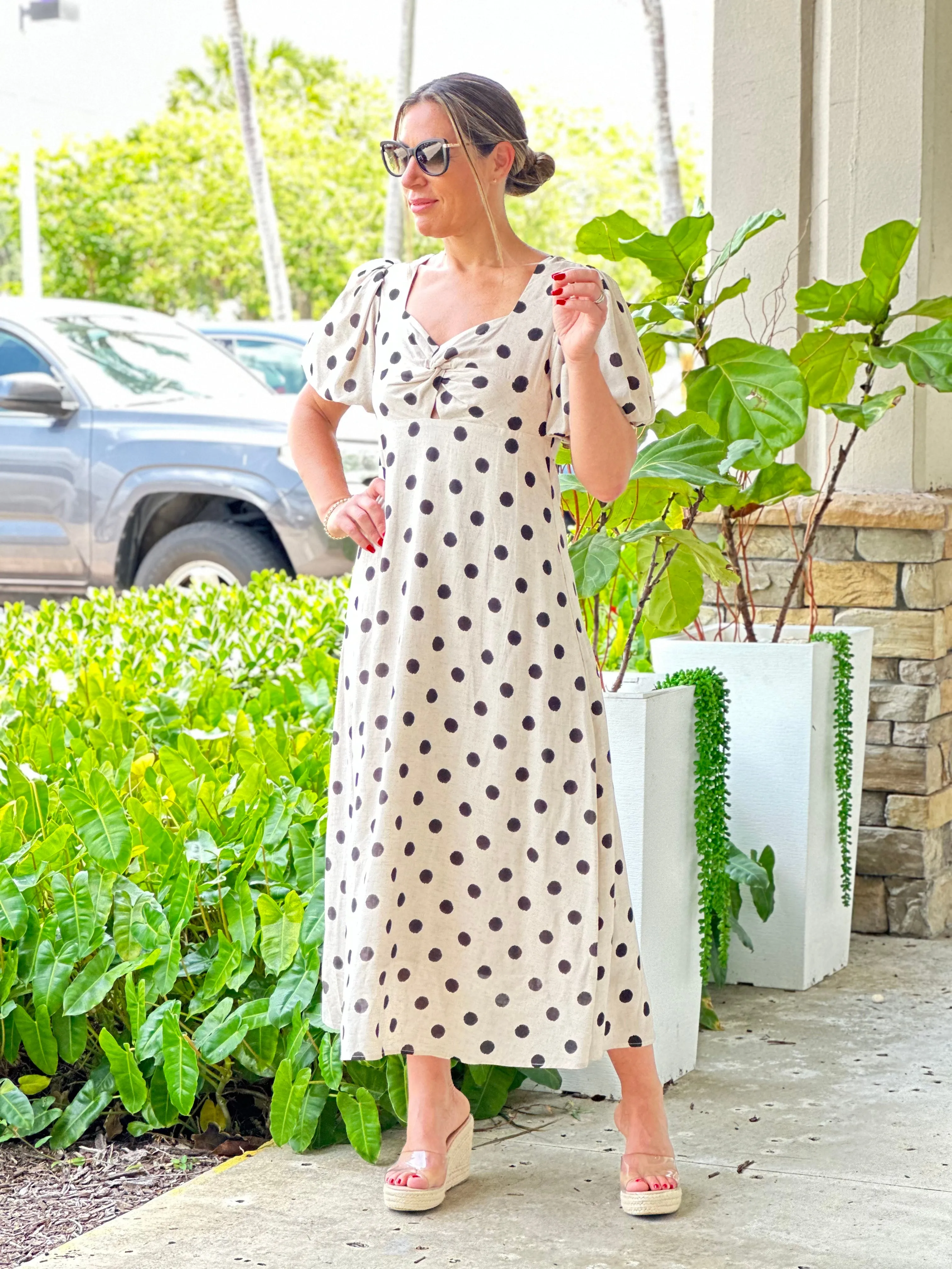"Francis"Dot Print Midi Dress With Puffy Sleeve