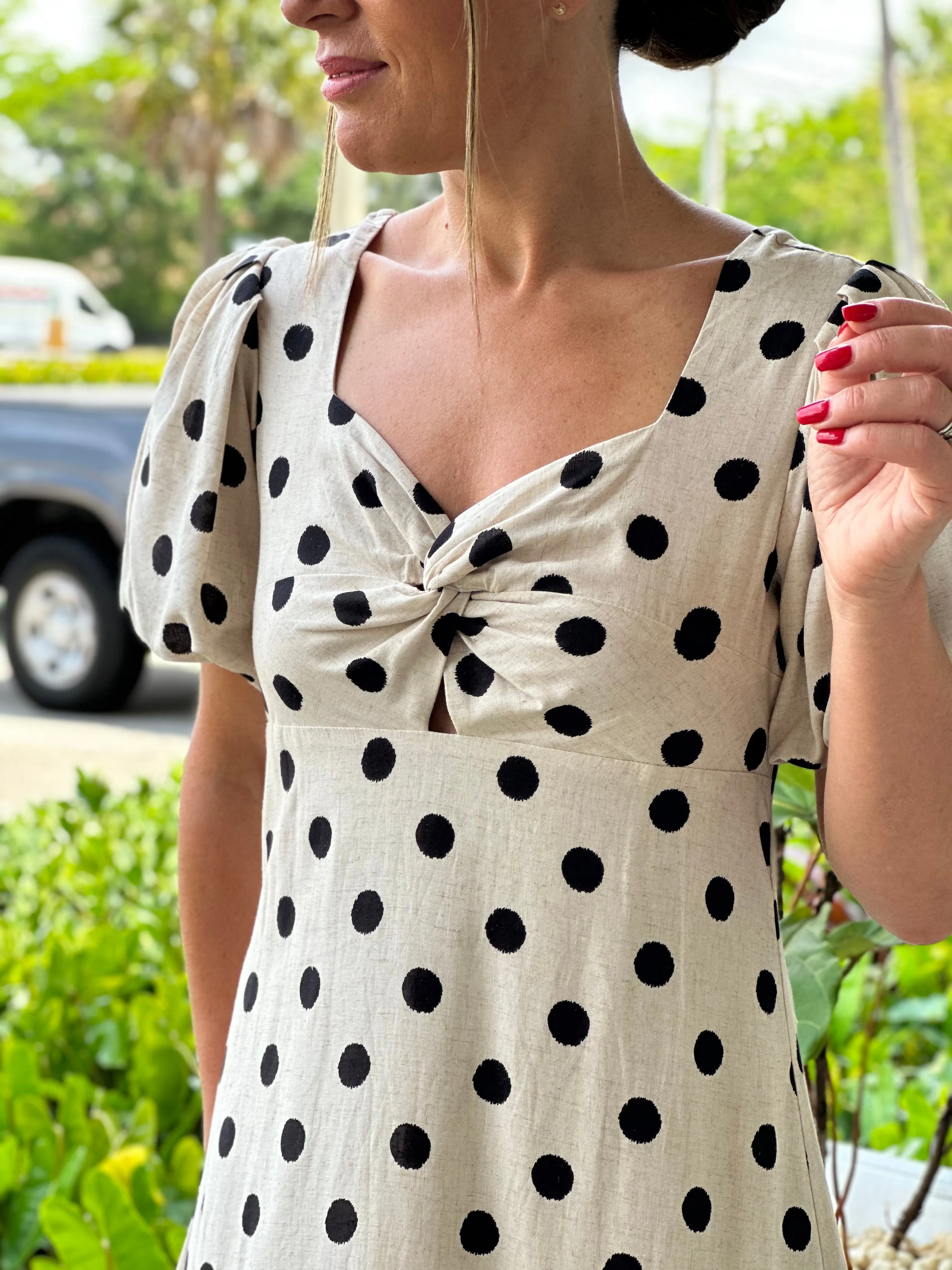 "Francis"Dot Print Midi Dress With Puffy Sleeve