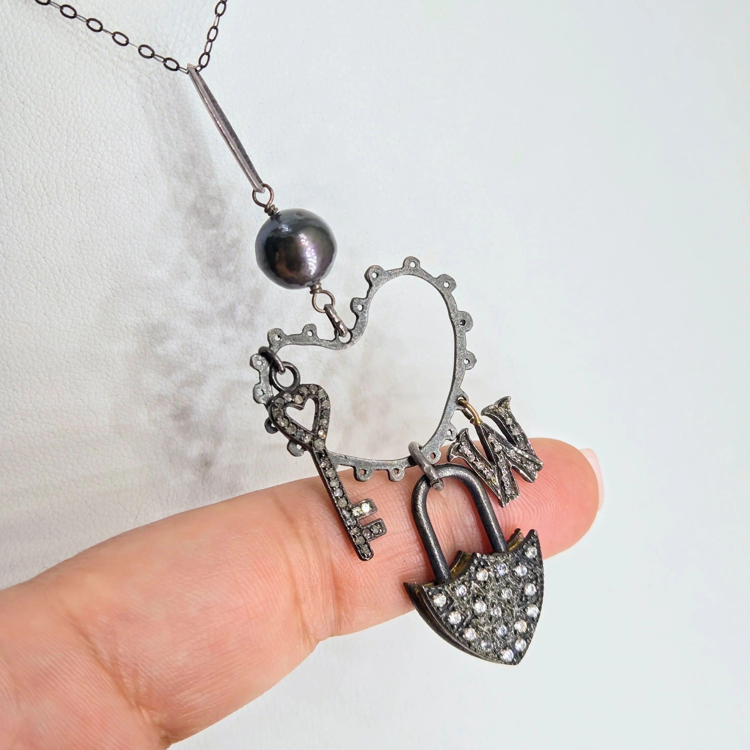 "I Heart Key West" 2.75" Pendant Necklace - Pearl, Diamonds, White Topaz, Black Sterling, 18K Accents