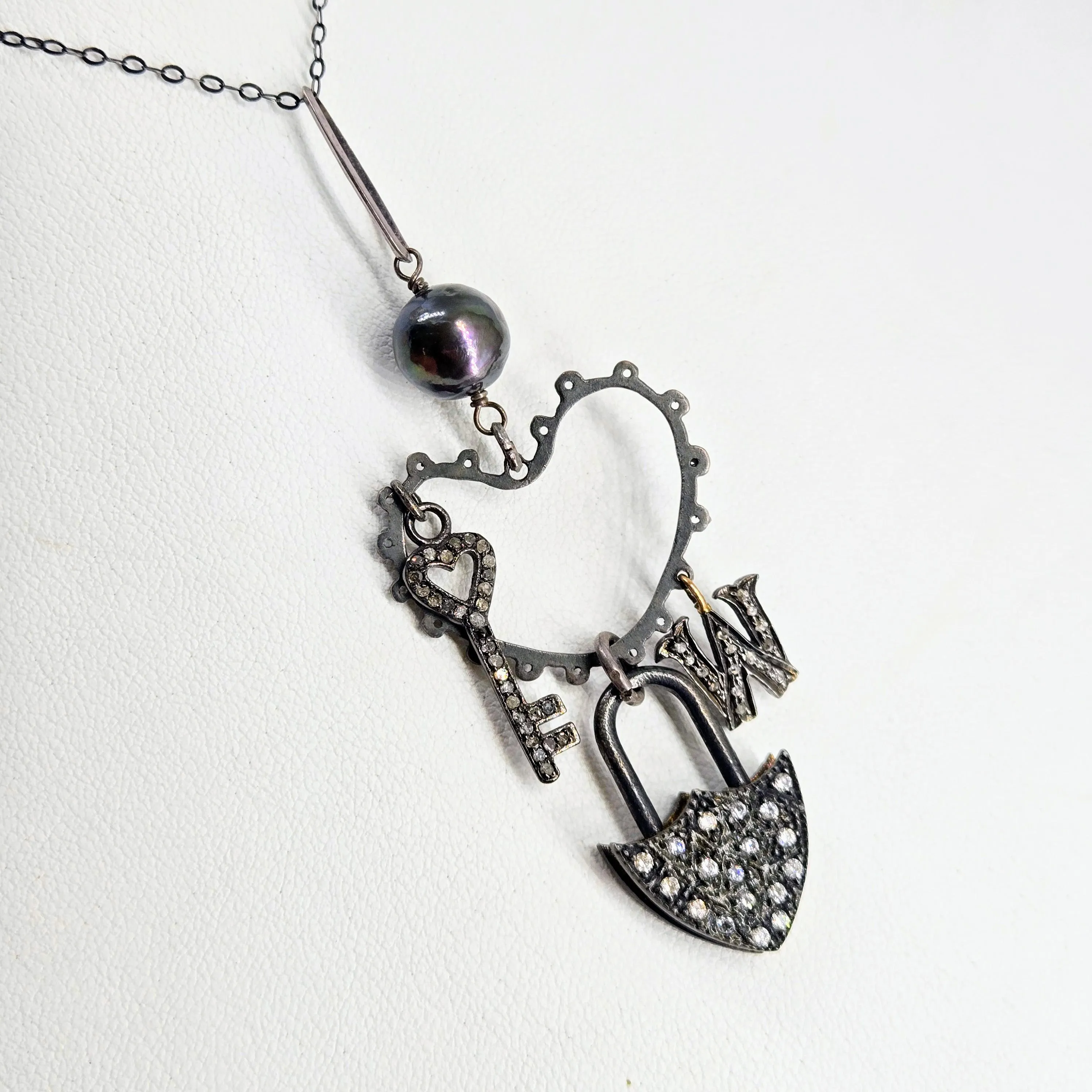 "I Heart Key West" 2.75" Pendant Necklace - Pearl, Diamonds, White Topaz, Black Sterling, 18K Accents