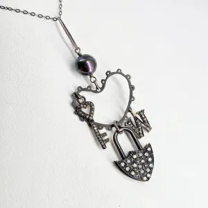 "I Heart Key West" 2.75" Pendant Necklace - Pearl, Diamonds, White Topaz, Black Sterling, 18K Accents
